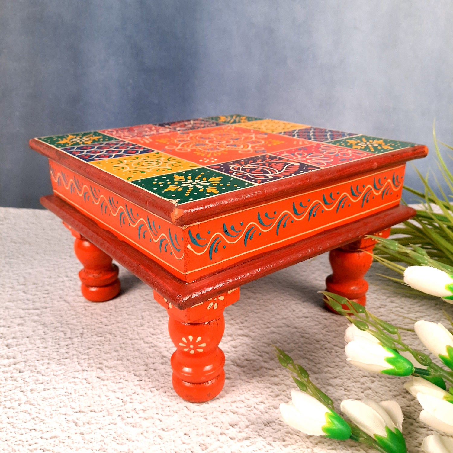 Puja Chowki Bajot| Wooden Chauki For Sitting | Peeta / Patla - For Home, living Room, Corner, Mandir Decoration & Gifts - 10 Inch - apkamart