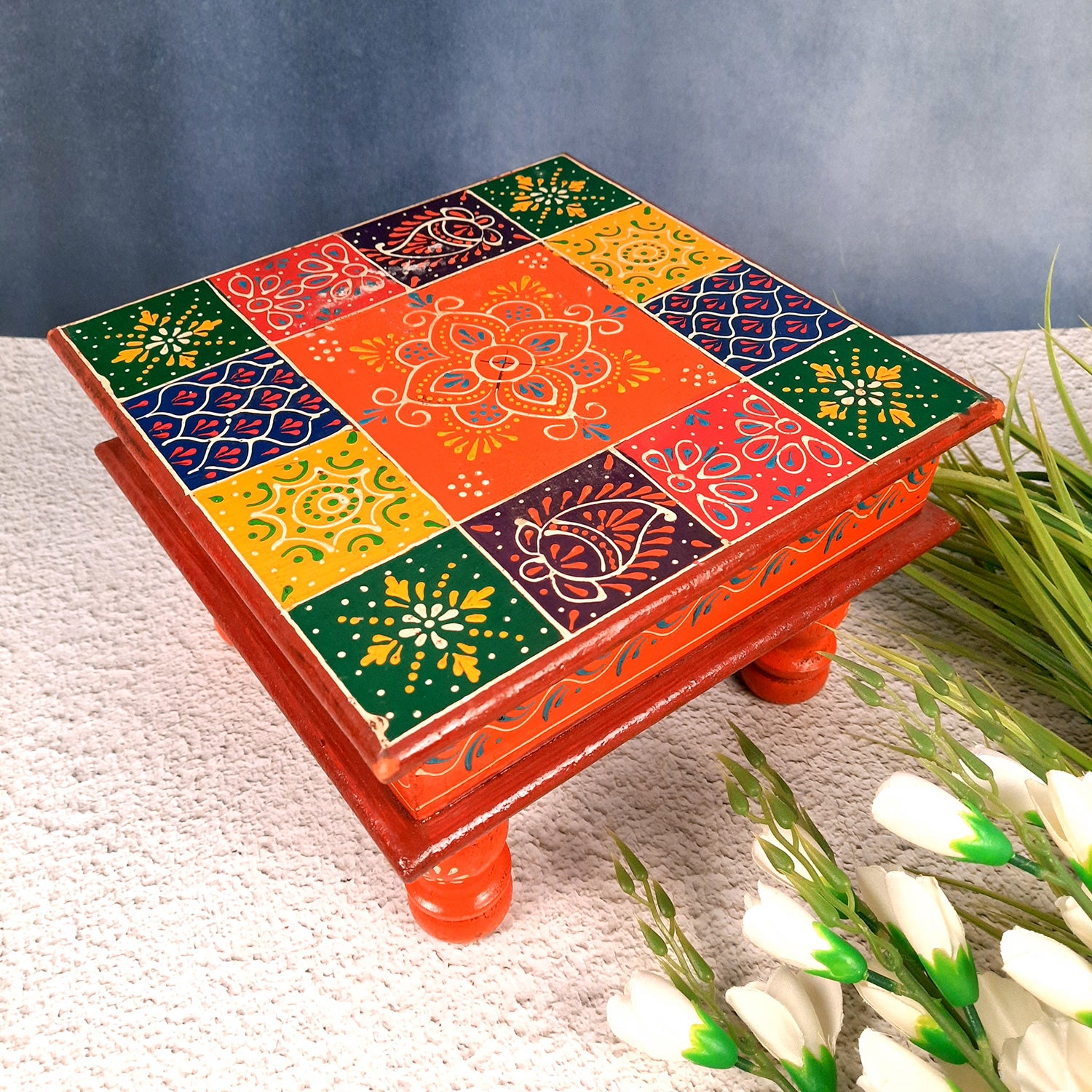 Puja Chowki Bajot| Wooden Chauki For Sitting | Peeta / Patla - For Home, living Room, Corner, Mandir Decoration & Gifts - 10 Inch - apkamart