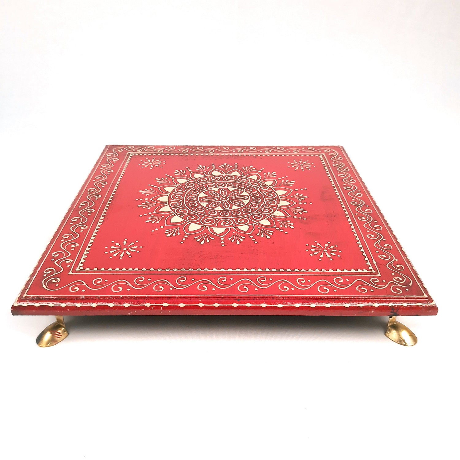 Wooden Puja Peeta Chowki | Stool / Aasan for God Idols |Wooden Pooja Chowki Table - for Festivals, Home, living Room, Corner, Mandir Decoration & Gifts - Apkamart #Color_Red