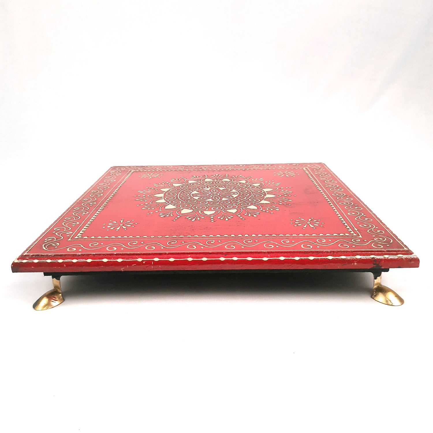 Wooden Puja Peeta Chowki | Stool / Aasan for God Idols |Wooden Pooja Chowki Table - for Festivals, Home, living Room, Corner, Mandir Decoration & Gifts - Apkamart #Color_Red