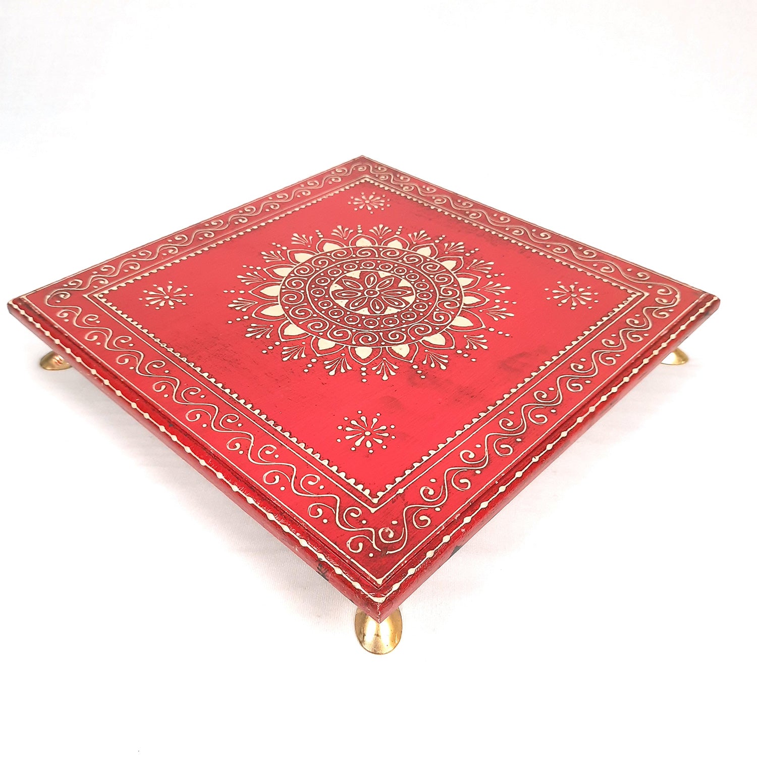 Wooden Puja Peeta Chowki | Stool / Aasan for God Idols |Wooden Pooja Chowki Table - for Festivals, Home, living Room, Corner, Mandir Decoration & Gifts - Apkamart #Color_Red