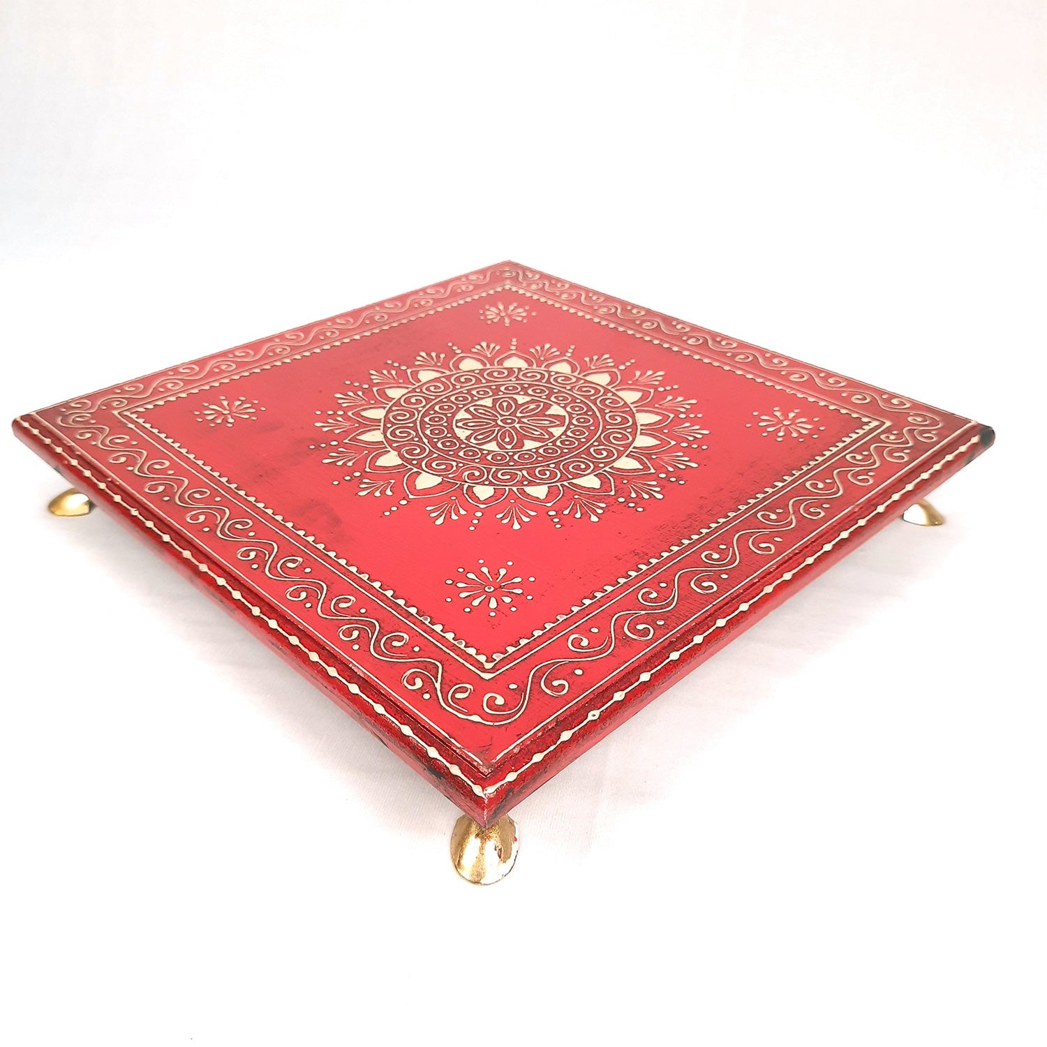 Wooden Puja Peeta Chowki | Stool / Aasan for God Idols |Wooden Pooja Chowki Table - for Festivals, Home, living Room, Corner, Mandir Decoration & Gifts - Apkamart #Color_Red