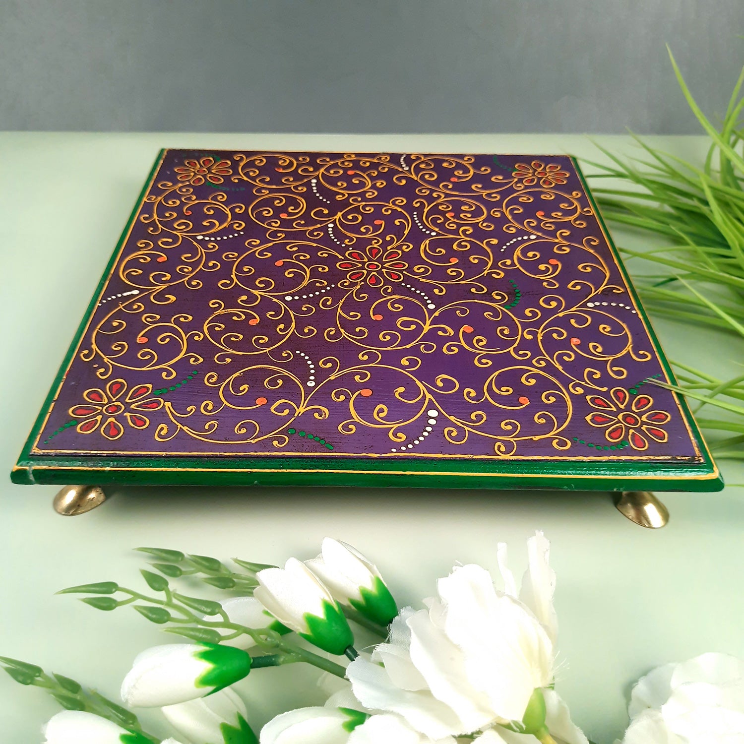 Wooden Puja Peeta Chowki | Stool / Aasan for God Idols |Wooden Pooja Chowki Table - for Festivals, Home, living Room, Corner, Mandir Decoration & Gifts - Apkamart #Color_Blue