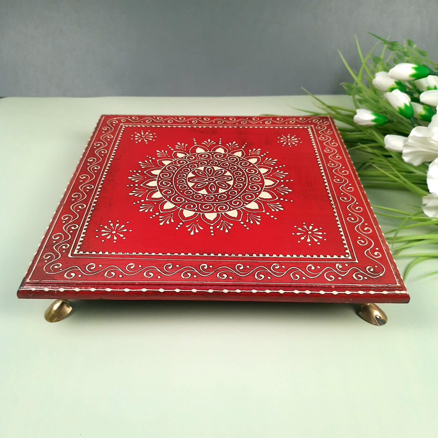 Wooden Puja Peeta Chowki | Stool / Aasan for God Idols |Wooden Pooja Chowki Table - for Festivals, Home, living Room, Corner, Mandir Decoration & Gifts - Apkamart #Color_Red