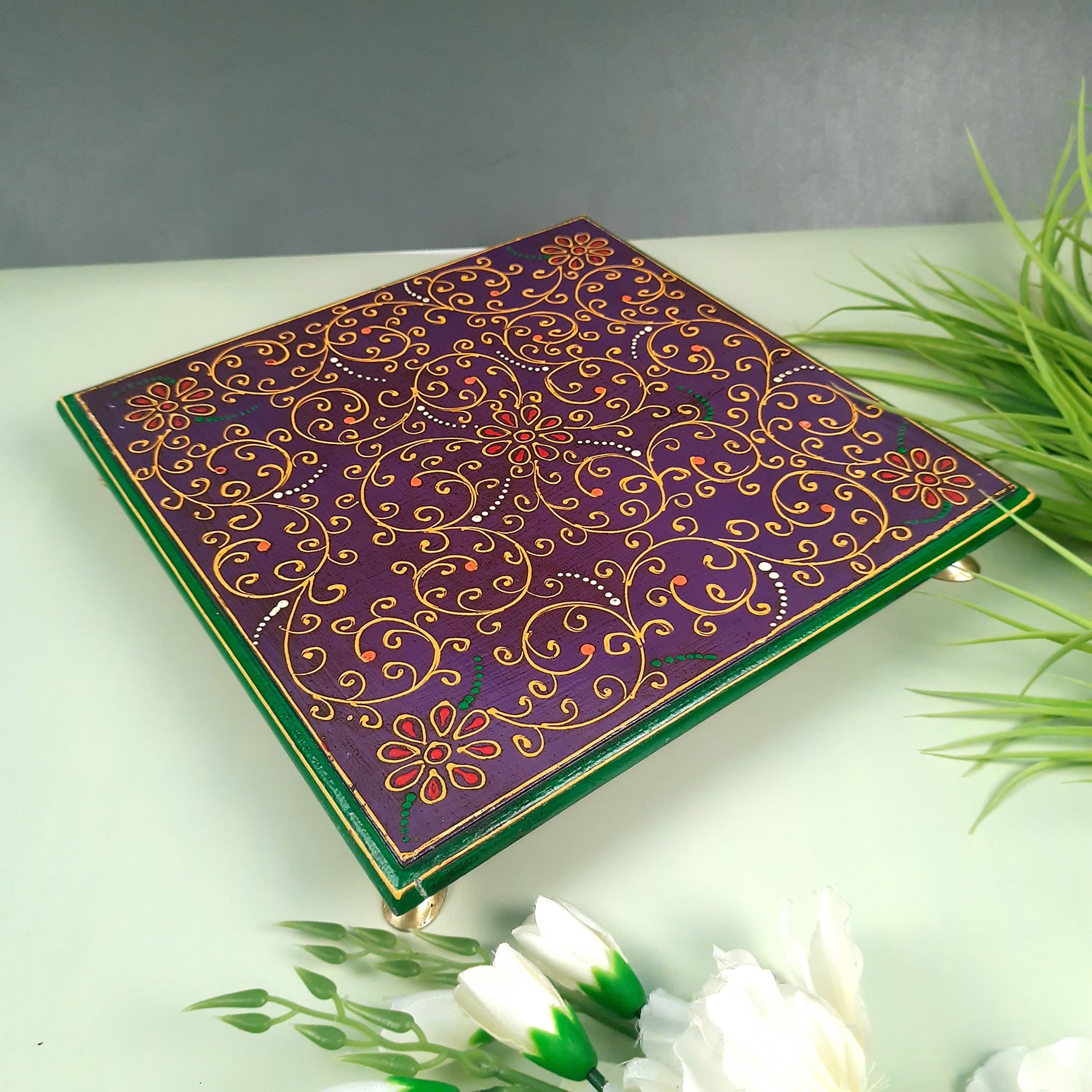 Wooden Puja Peeta Chowki | Stool / Aasan for God Idols |Wooden Pooja Chowki Table - for Festivals, Home, living Room, Corner, Mandir Decoration & Gifts - Apkamart #Color_Blue