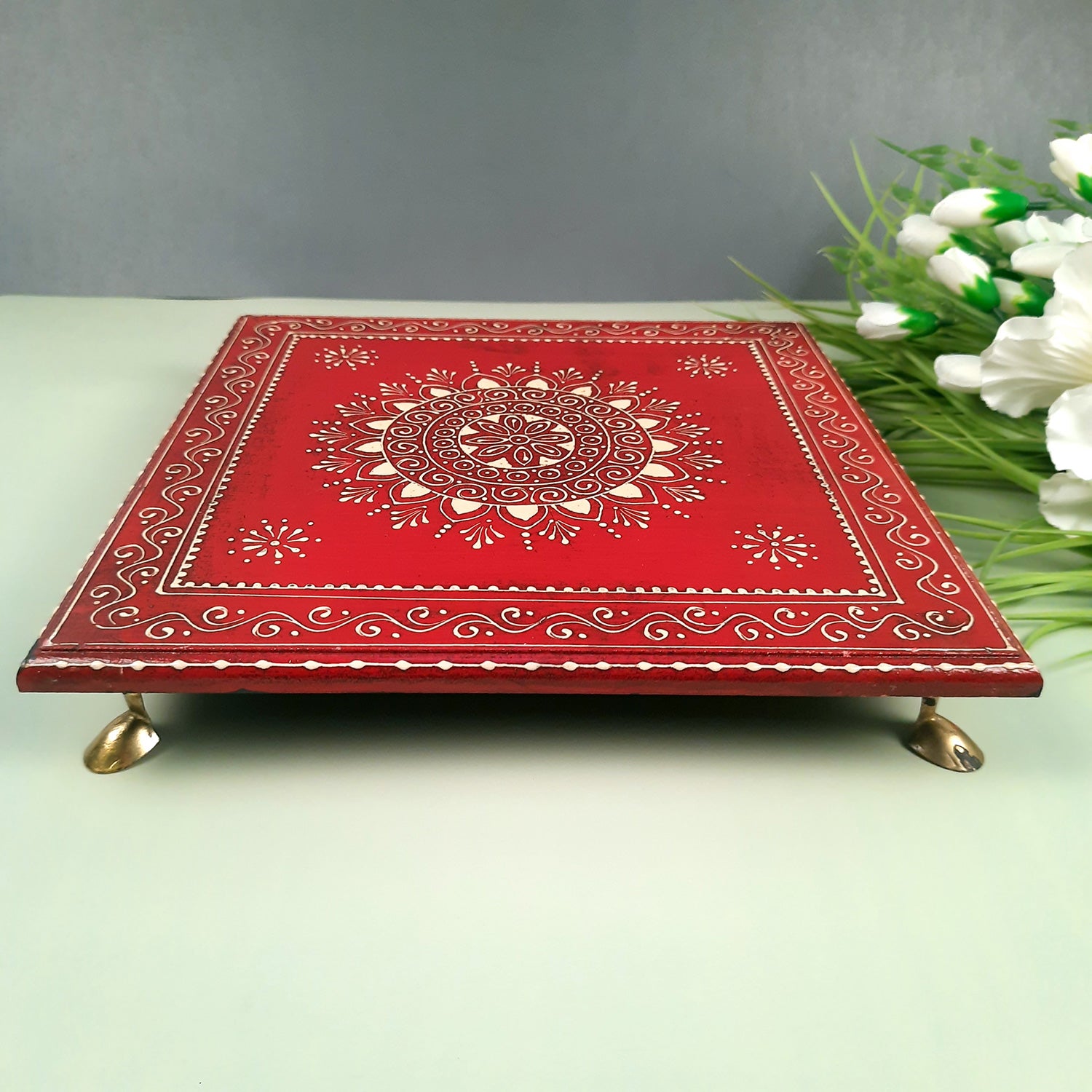 Wooden Puja Peeta Chowki | Stool / Aasan for God Idols |Wooden Pooja Chowki Table - for Festivals, Home, living Room, Corner, Mandir Decoration & Gifts - Apkamart #Color_Red
