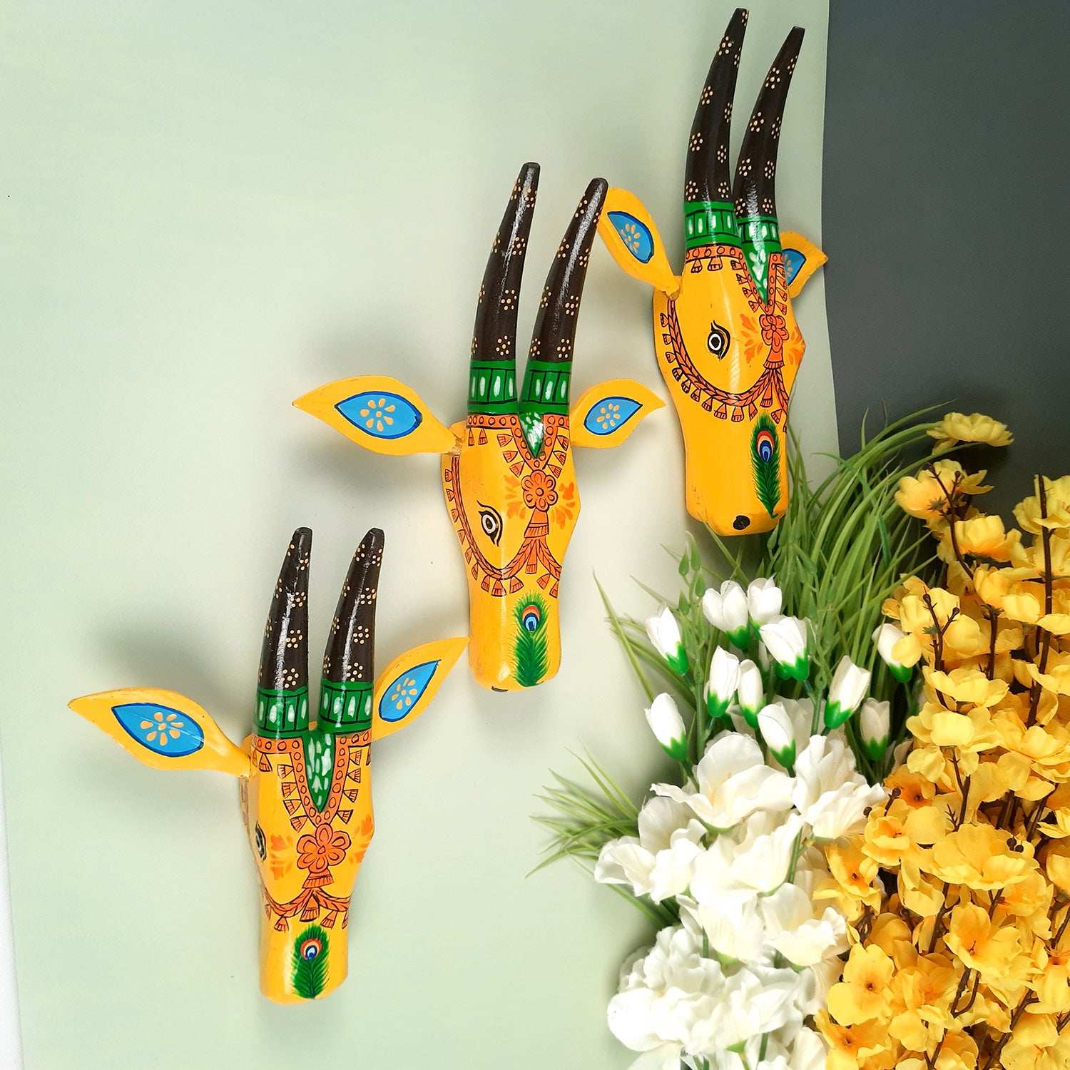 Wooden Cow Face Wall Hanging | Nandi Bull Head Wall Decor With Detachable Ears | Vintage Decor - For Home, Living Room, Entrance, Puja Room Decoration & Gifts ( Set of 3) - apkamart #color_Yellow
