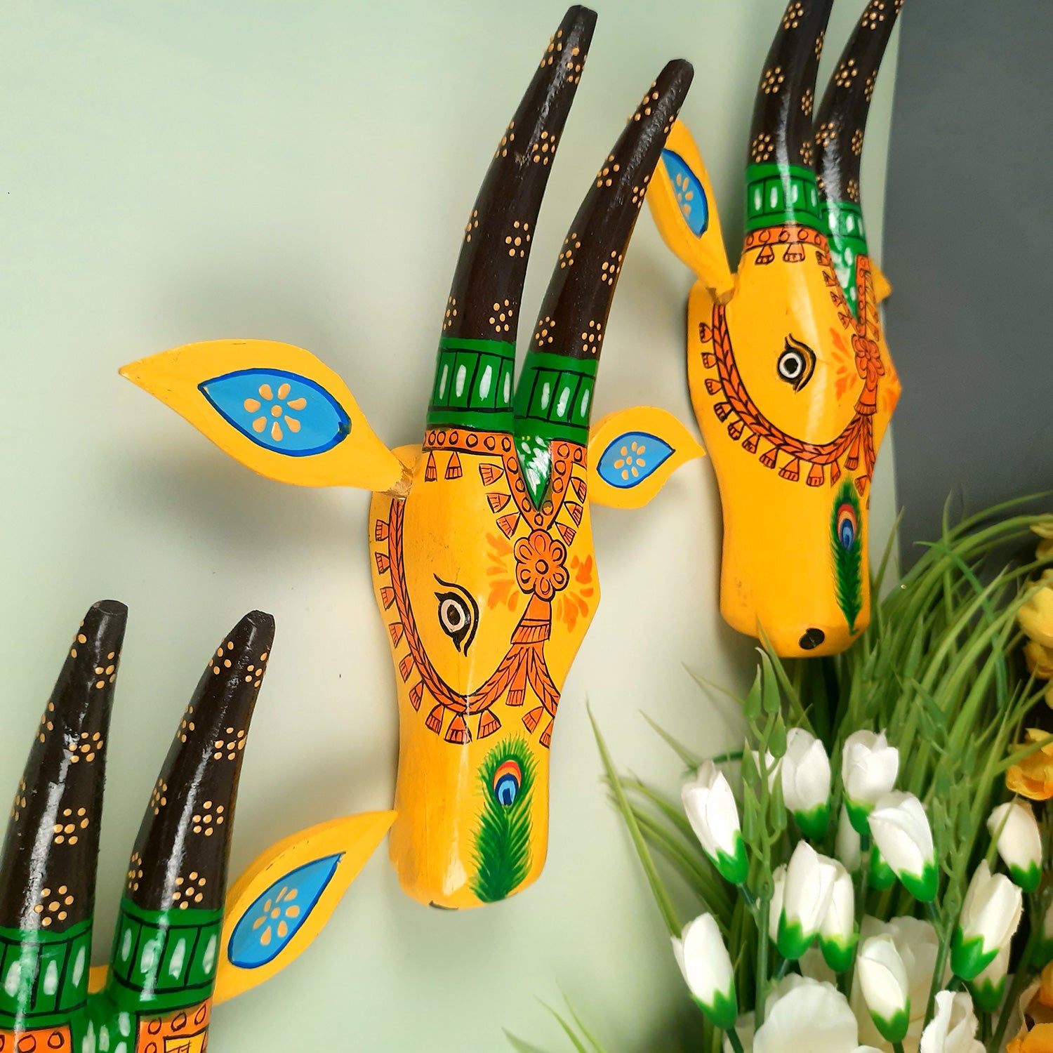 Wooden Cow Face Wall Hanging | Nandi Bull Head Wall Decor With Detachable Ears | Vintage Decor - For Home, Living Room, Entrance, Puja Room Decoration & Gifts ( Set of 3) - apkamart #color_Yellow