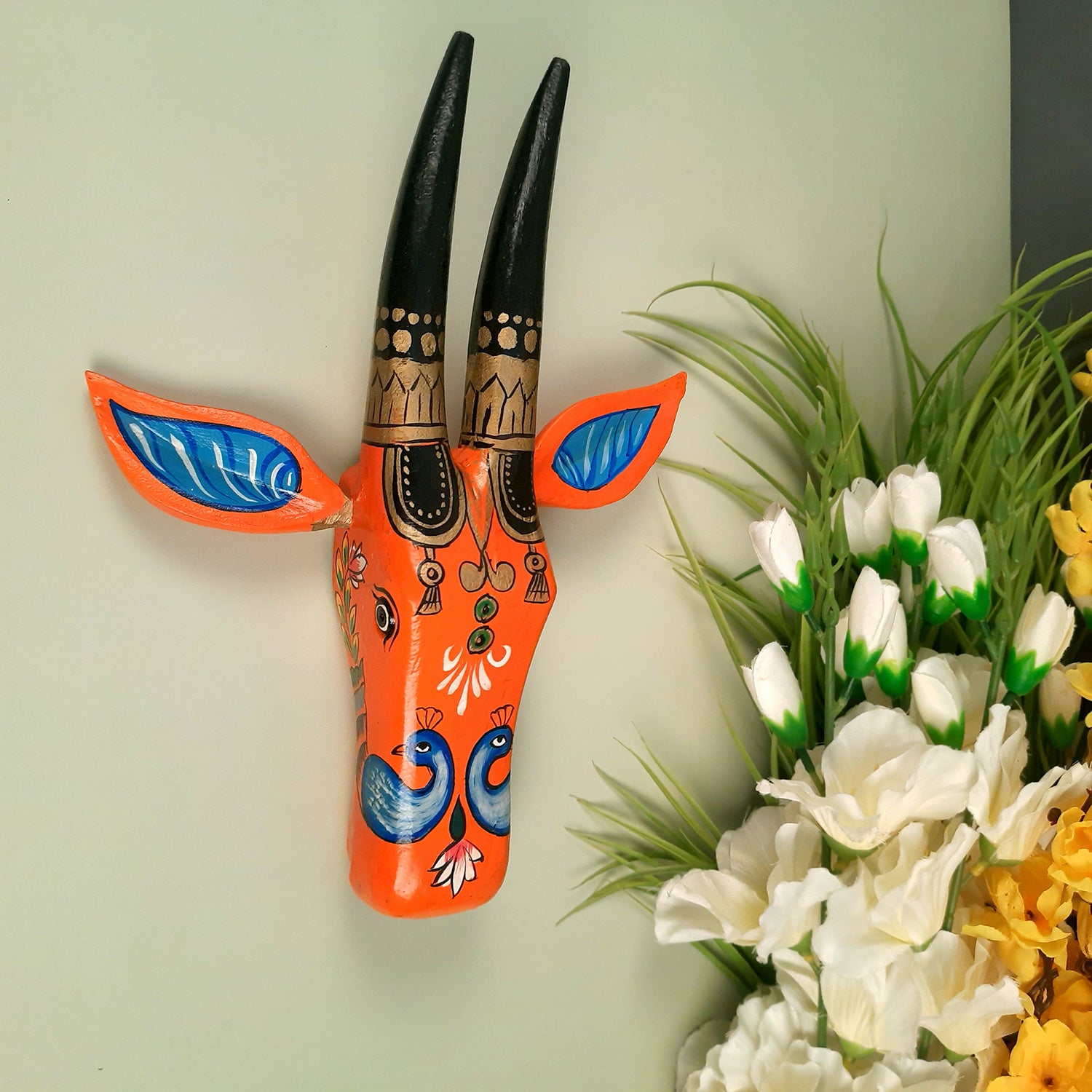 Wooden Cow Head Wall Hanging | Bull Face Wall Decor | Vintage Decor - For Home, Living Room, Entrance, Puja Room & Gifts - Apkamart #Size_small