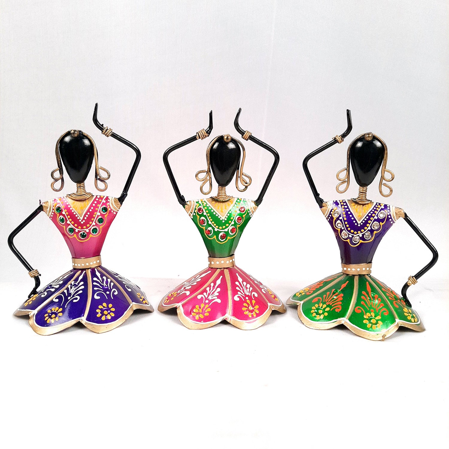 Dancing Girl Decorative Showpiece | Village Ladies Figurines - for Home, Living Room, TV Unit Decor & Gifts - 7 Inch (Set of 3) - apkamart