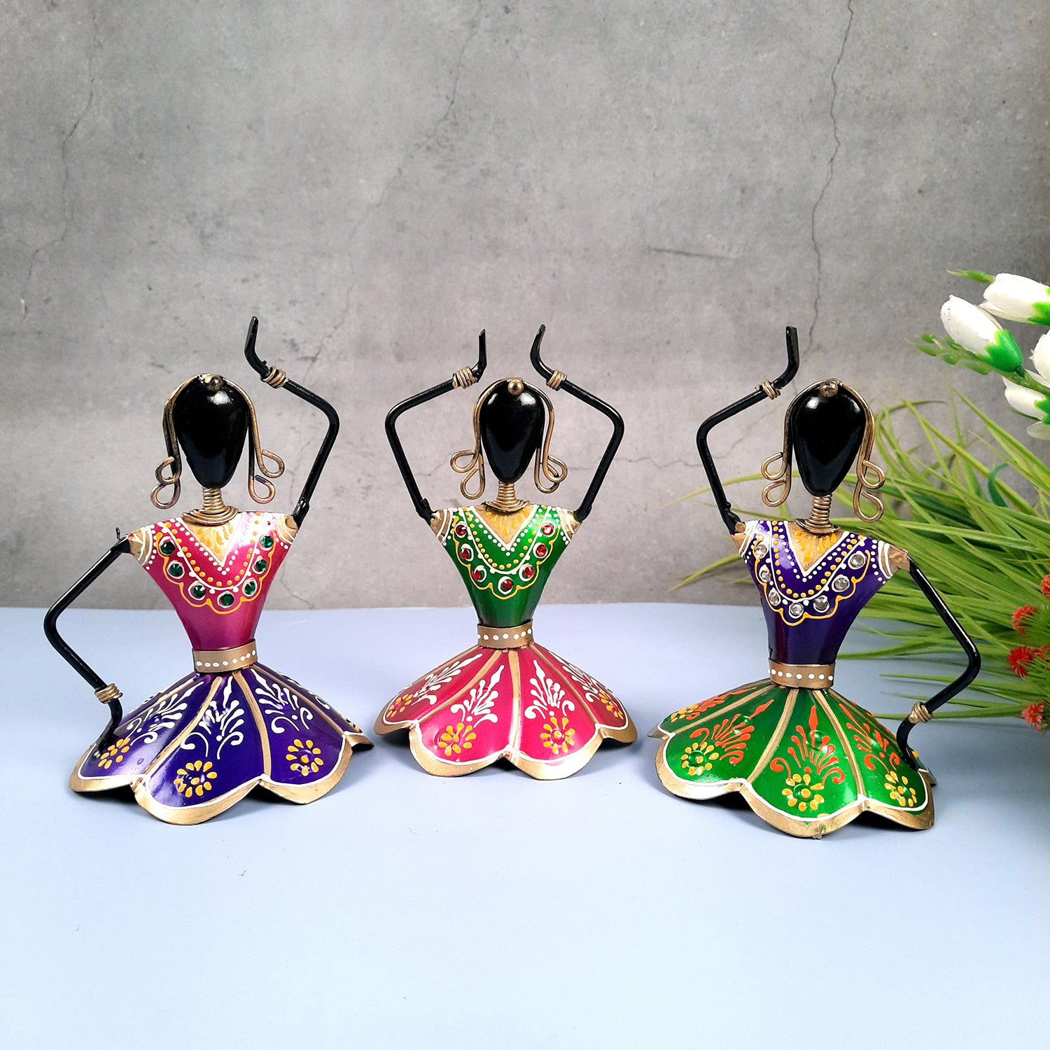 Dancing Girl Decorative Showpiece | Village Ladies Figurines - for Home, Living Room, TV Unit Decor & Gifts - 7 Inch (Set of 3) - apkamart