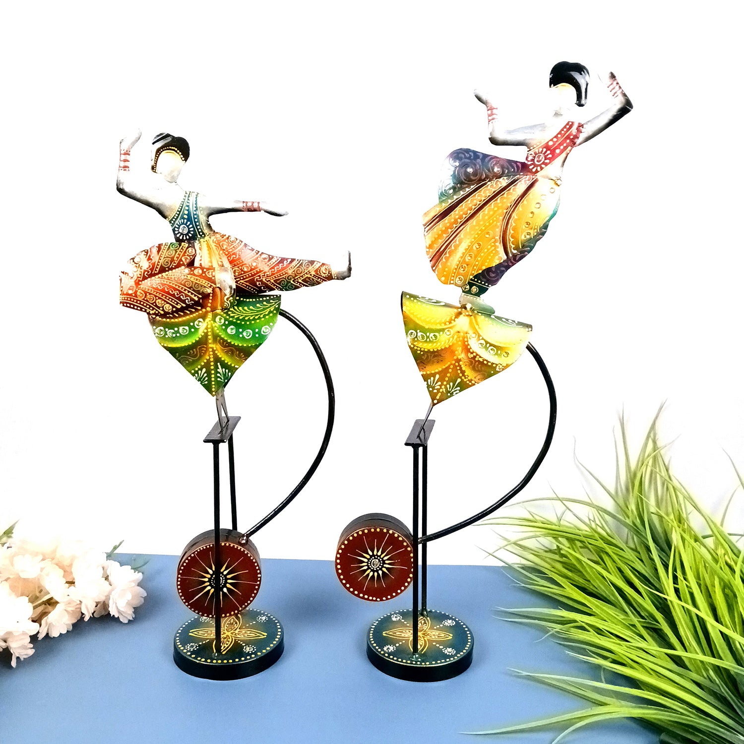 Dancing Girls Decorative Showpiece | Traditional Classical Dancers Bouncing Figurines - for Home, Living Room, TV Unit Decor & Gifts - 21 Inch (Set of 2) - Apkamart