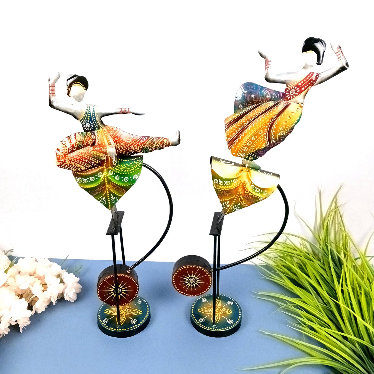 Dancing Girls Decorative Showpiece | Traditional Classical Dancers Bouncing Figurines - for Home, Living Room, TV Unit Decor & Gifts - 21 Inch (Set of 2) - Apkamart