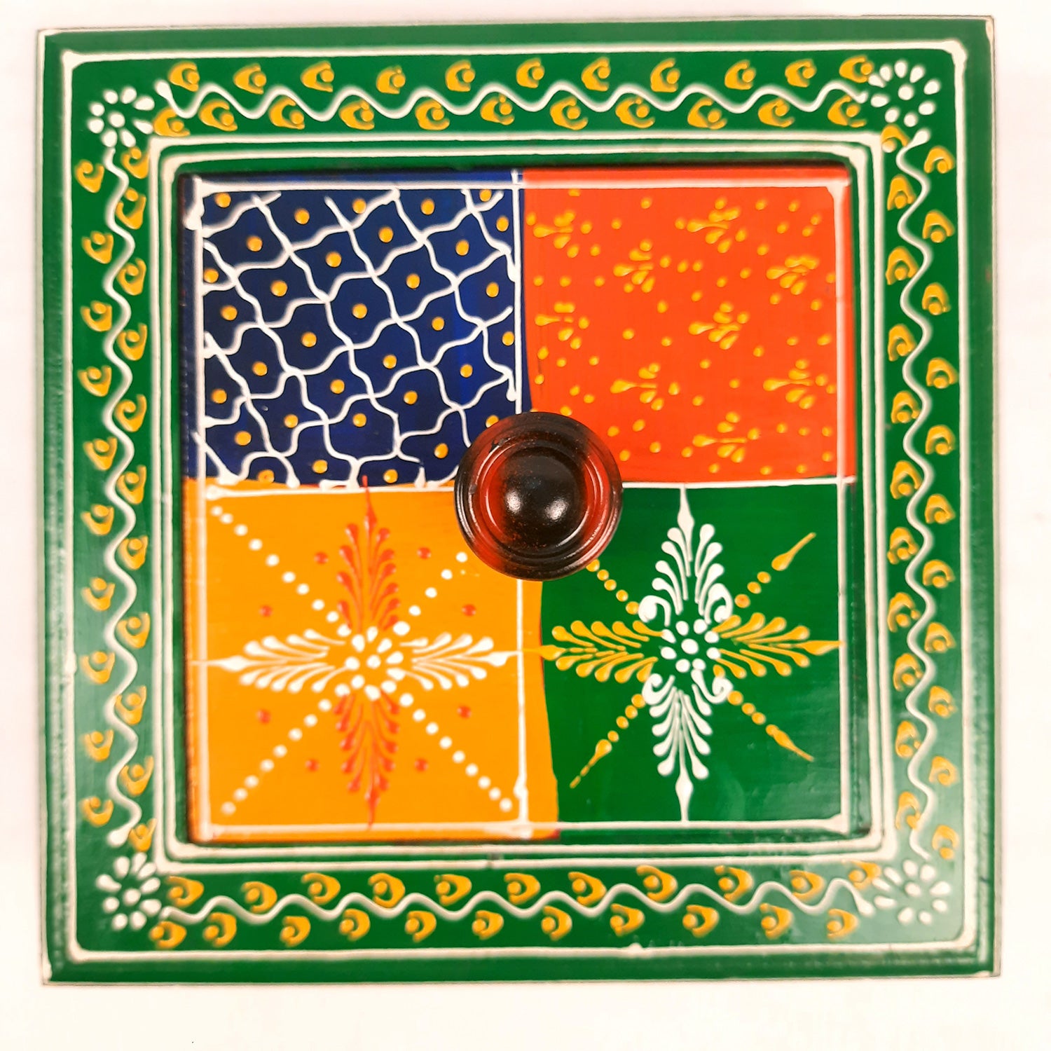 Wooden Dry Fruit Box with Lid | Mukhwas Bowl With Four Compartments | Spice Box | Snack Storage Container - For Kitchen, Home, & Dining Table Decor & Gifts - 8 Inch - Apkamart #Color_Green