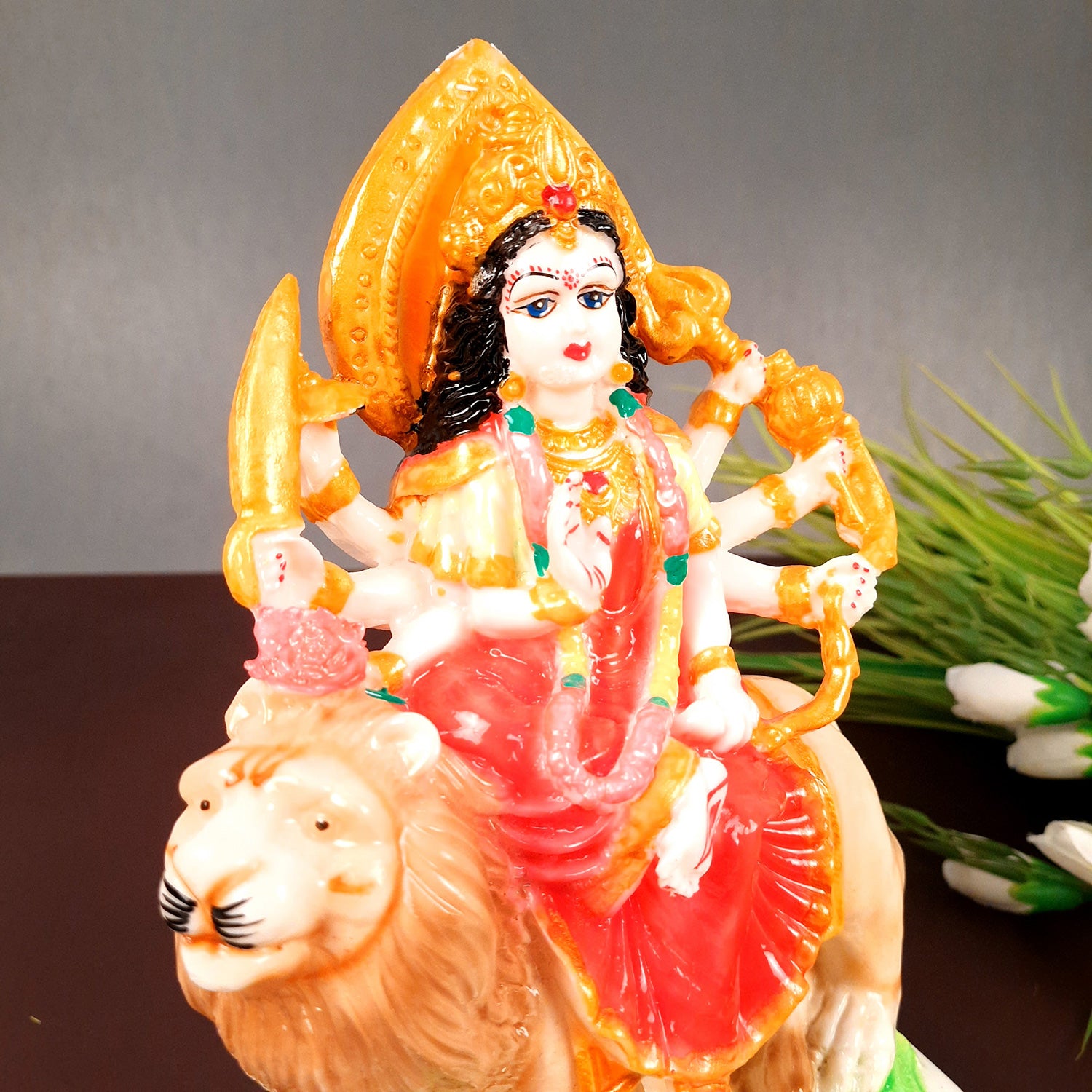Durga Maa Sitting on Lion Statue | Sherawali Mata Rani Idol Murti - for Home Decor, Puja Room, Office Desk & Gift - 10 Inch - apkamart