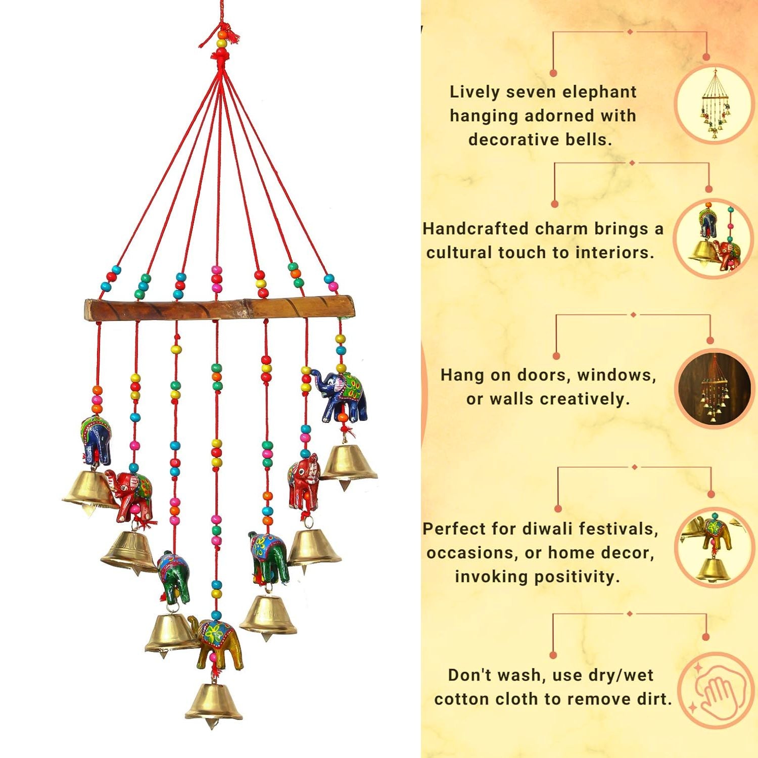 Latkan Toran Wall Hanging Set | Rajasthani Traditional Hangings with Bells - Elephant Design - For Main Door, Entrance, Wedding, Home, Diwali Decoration - 14 Inch (Pack Of 2)