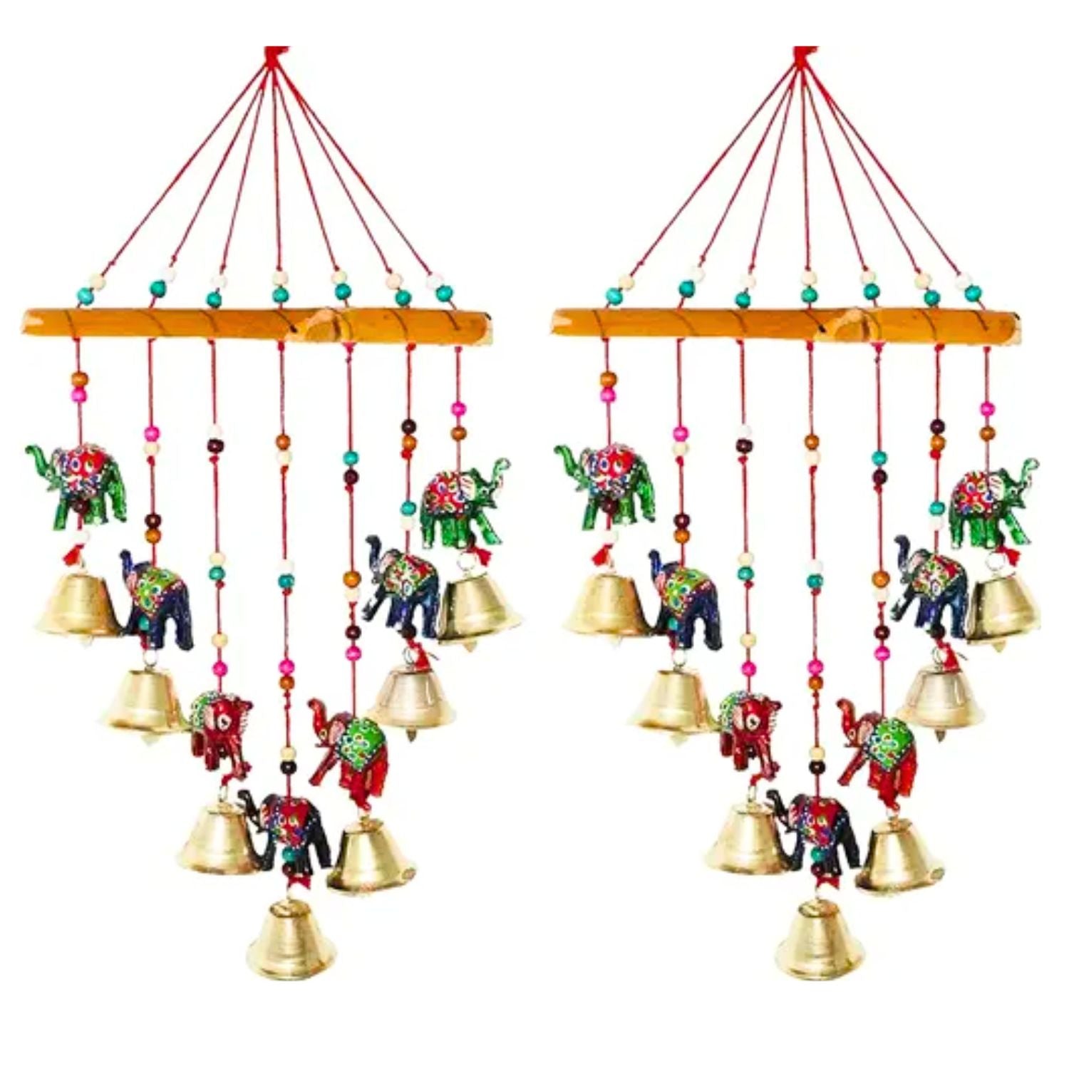 Latkan Toran Wall Hanging Set | Rajasthani Traditional Hangings with Bells - Elephant Design - For Main Door, Entrance, Wedding, Home, Diwali Decoration - 14 Inch (Pack Of 2)