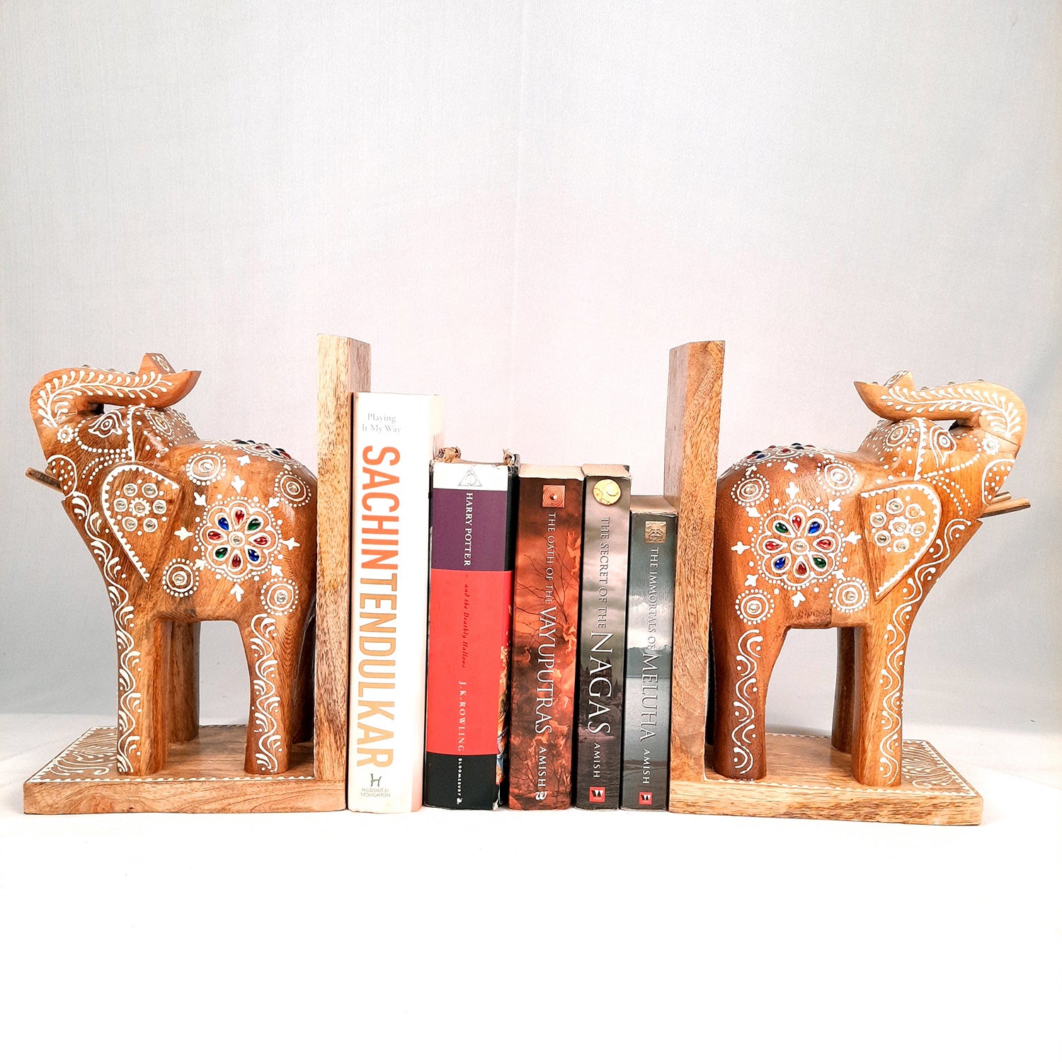Book Ends - Wooden Elephant Design | Book Holders Stand | Bookend Desk Organizer - For Home, Table, Desk, Office, Study Kids Room & Gifts - 14 Inch - apkamart