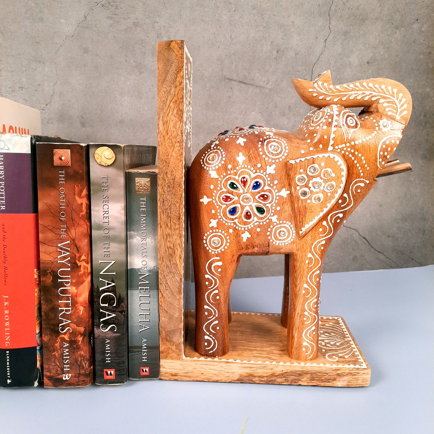 Book Ends - Wooden Elephant Design | Book Holders Stand | Bookend Desk Organizer - For Home, Table, Desk, Office, Study Kids Room & Gifts - 14 Inch - apkamart