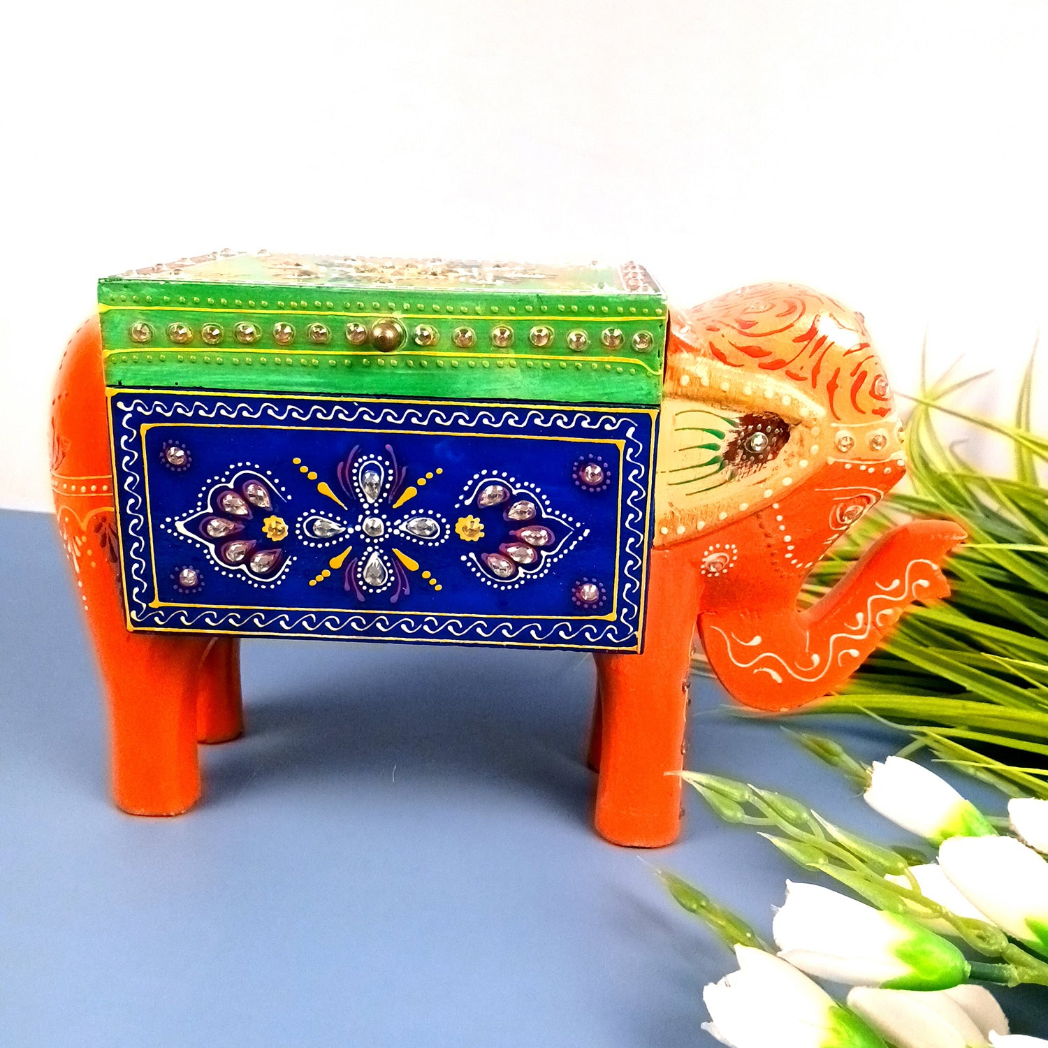 Jewellery Box - Elephant Design | Decorative Wooden Jewelry Box | Multipurpose Storage Box - For Home, Table Decor, Earring, Necklace & Gifts - Apkamart #Color_Orange