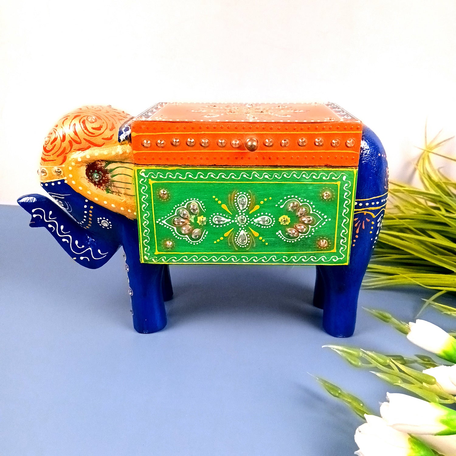 Jewellery Box - Elephant Design | Decorative Wooden Jewelry Box | Multipurpose Storage Box - For Home, Table Decor, Earring, Necklace & Gifts - Apkamart #Color_Blue