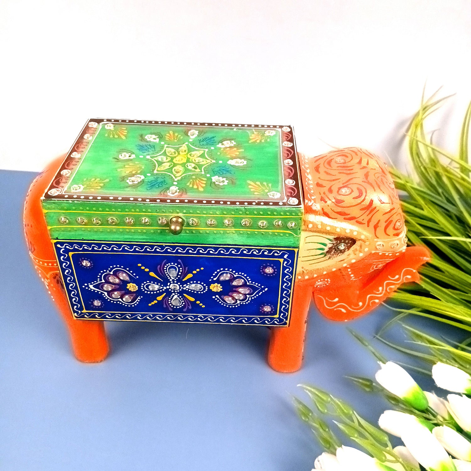 Jewellery Box - Elephant Design | Decorative Wooden Jewelry Box | Multipurpose Storage Box - For Home, Table Decor, Earring, Necklace & Gifts - Apkamart #Color_Orange