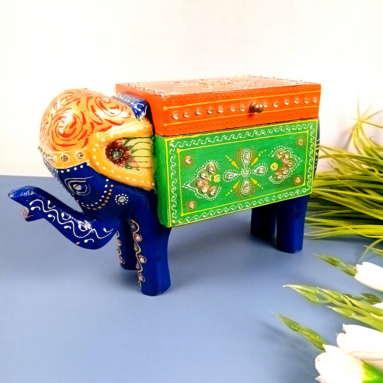 Jewellery Box - Elephant Design | Decorative Wooden Jewelry Box | Multipurpose Storage Box - For Home, Table Decor, Earring, Necklace & Gifts - Apkamart #Color_Blue