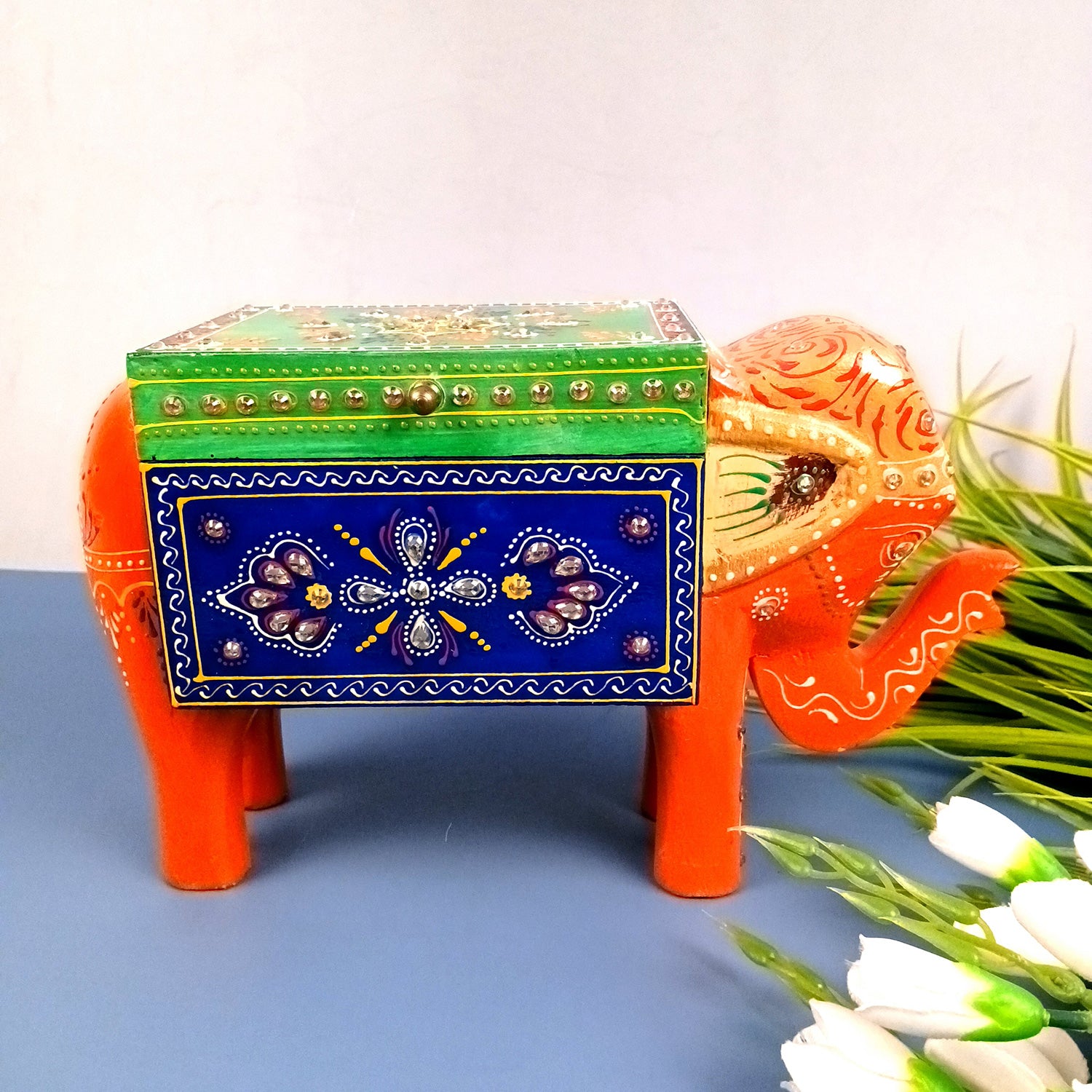 Jewellery Box - Elephant Design | Decorative Wooden Jewelry Box | Multipurpose Storage Box - For Home, Table Decor, Earring, Necklace & Gifts - Apkamart #Color_Orange
