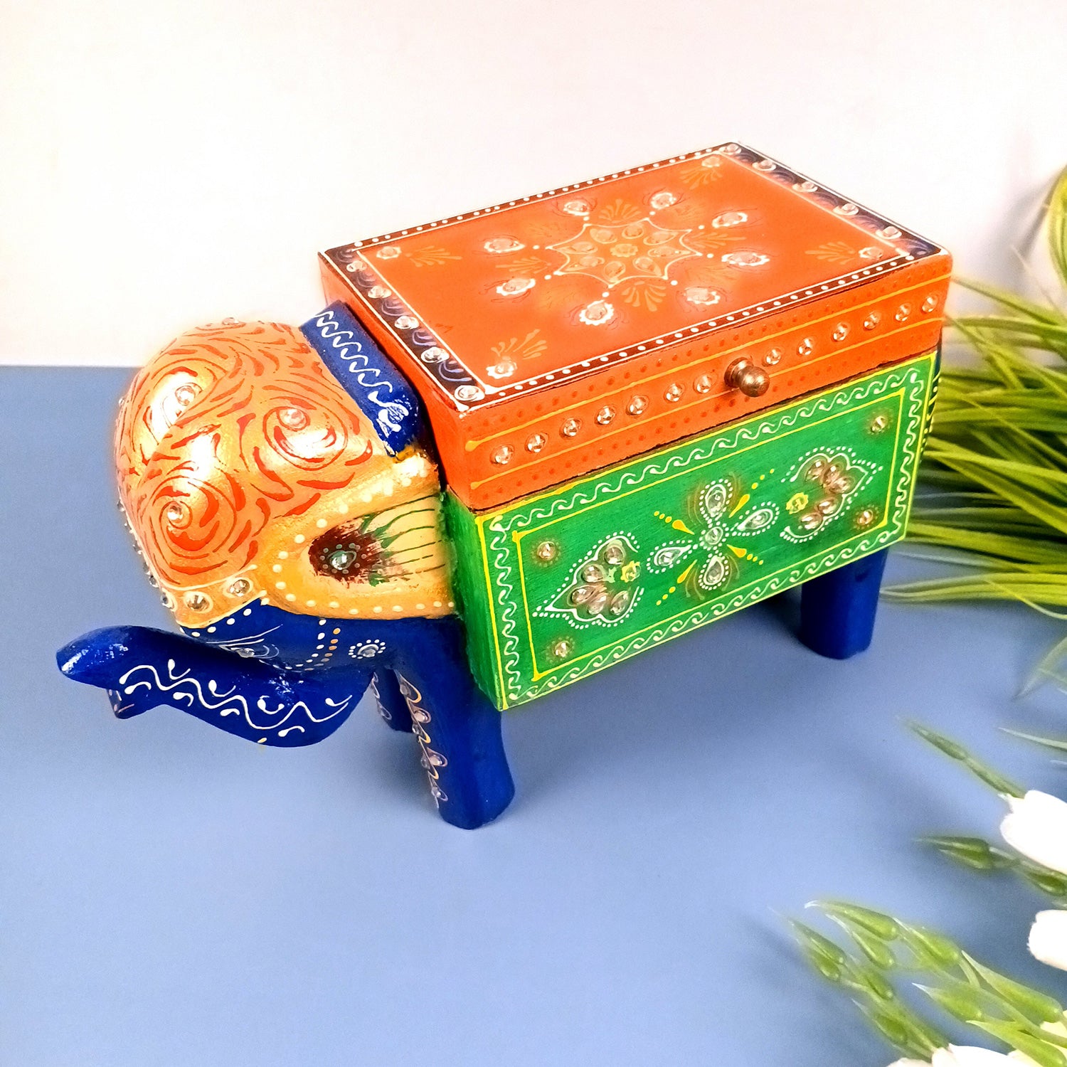 Jewellery Box - Elephant Design | Decorative Wooden Jewelry Box | Multipurpose Storage Box - For Home, Table Decor, Earring, Necklace & Gifts - Apkamart #Color_Blue