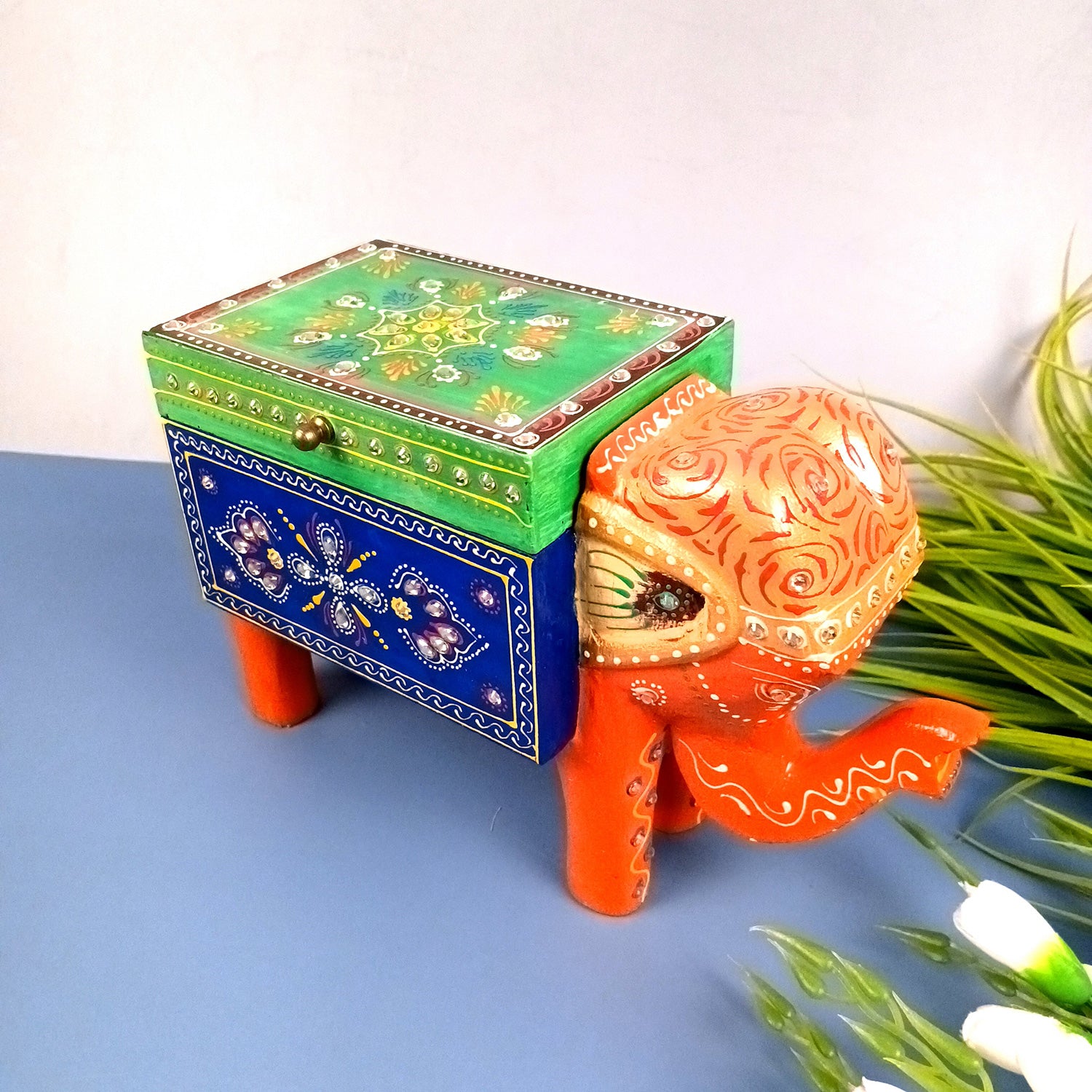 Jewellery Box - Elephant Design | Decorative Wooden Jewelry Box | Multipurpose Storage Box - For Home, Table Decor, Earring, Necklace & Gifts - Apkamart #Color_Orange