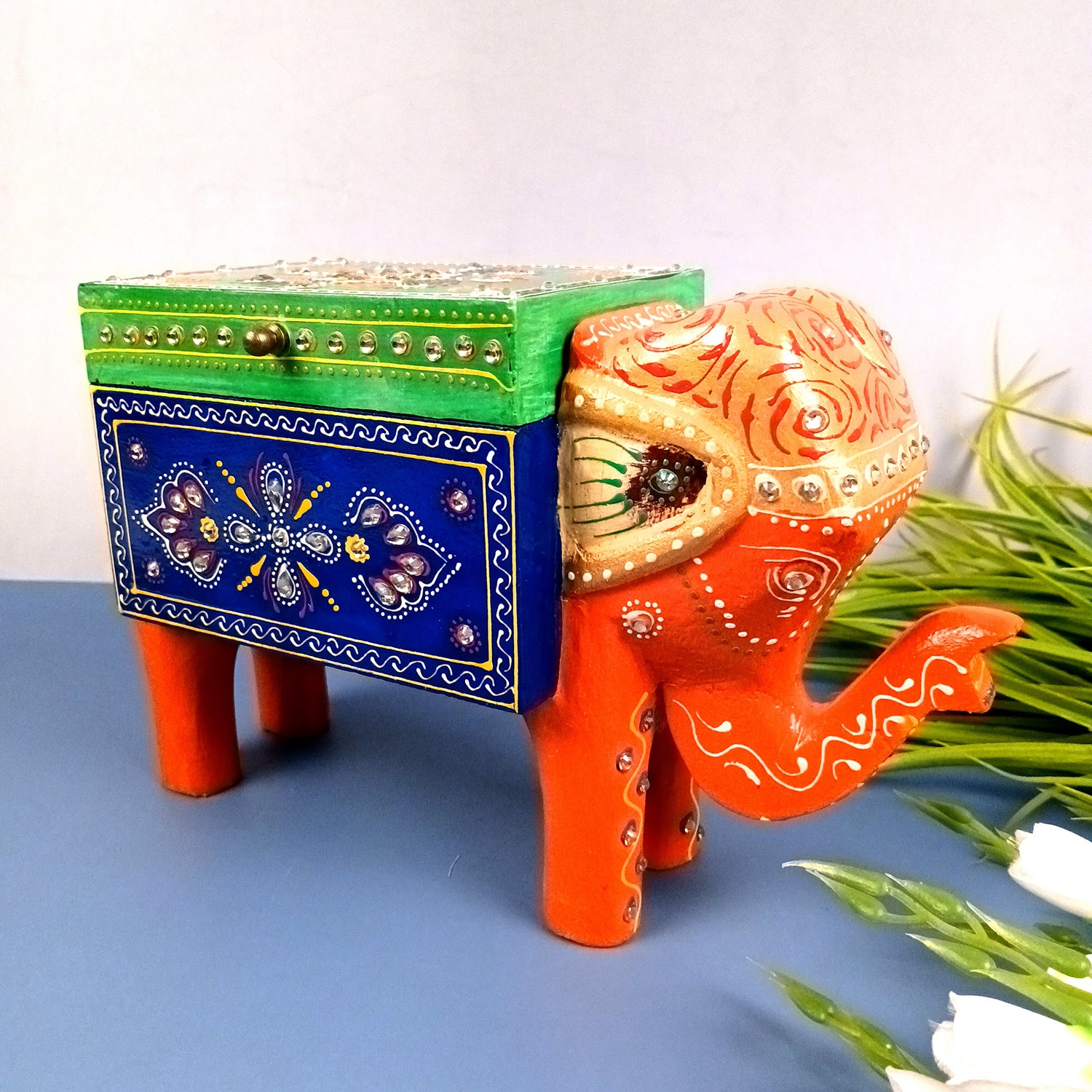 Jewellery Box - Elephant Design | Decorative Wooden Jewelry Box | Multipurpose Storage Box - For Home, Table Decor, Earring, Necklace & Gifts - Apkamart #Color_Orange