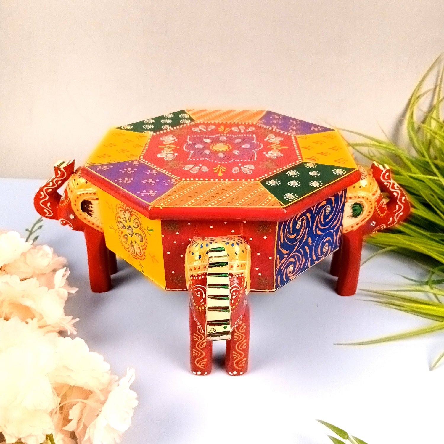 Jewellery Box Elephant Design | Wooden Multipurpose Jewelry Box - With Vibrant Hand Painting & Kundan Work - For Home, Table, Earring, Rings, Necklace & Gifts apkamart