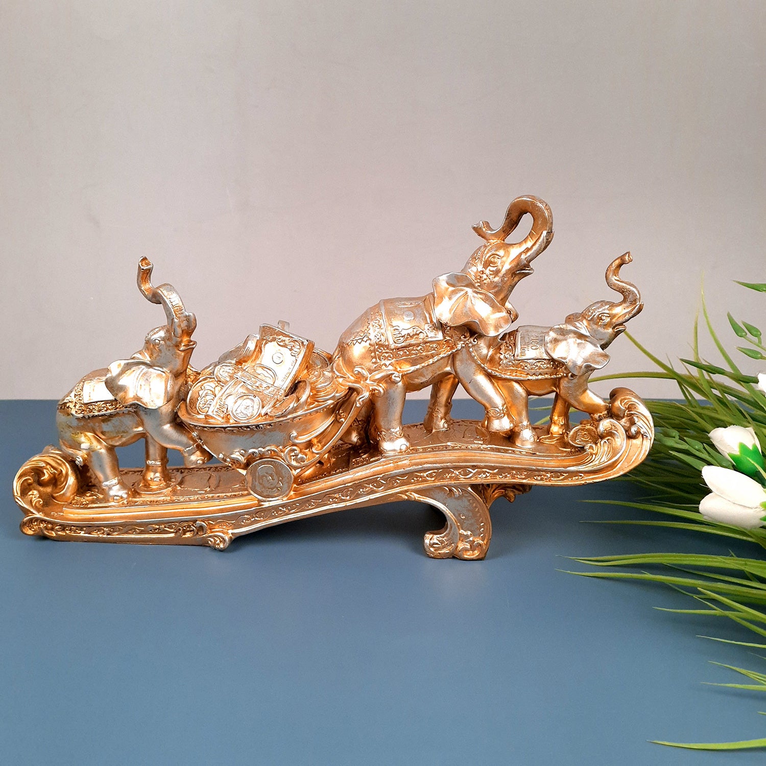 Elephant Statue Showpiece | Fengshui Trunk Up Elephant Figurine with Money & Gold Coins - for Vastu, Good Luck, Wealth, Home Decor, & Gift - 14 inch - apkamart