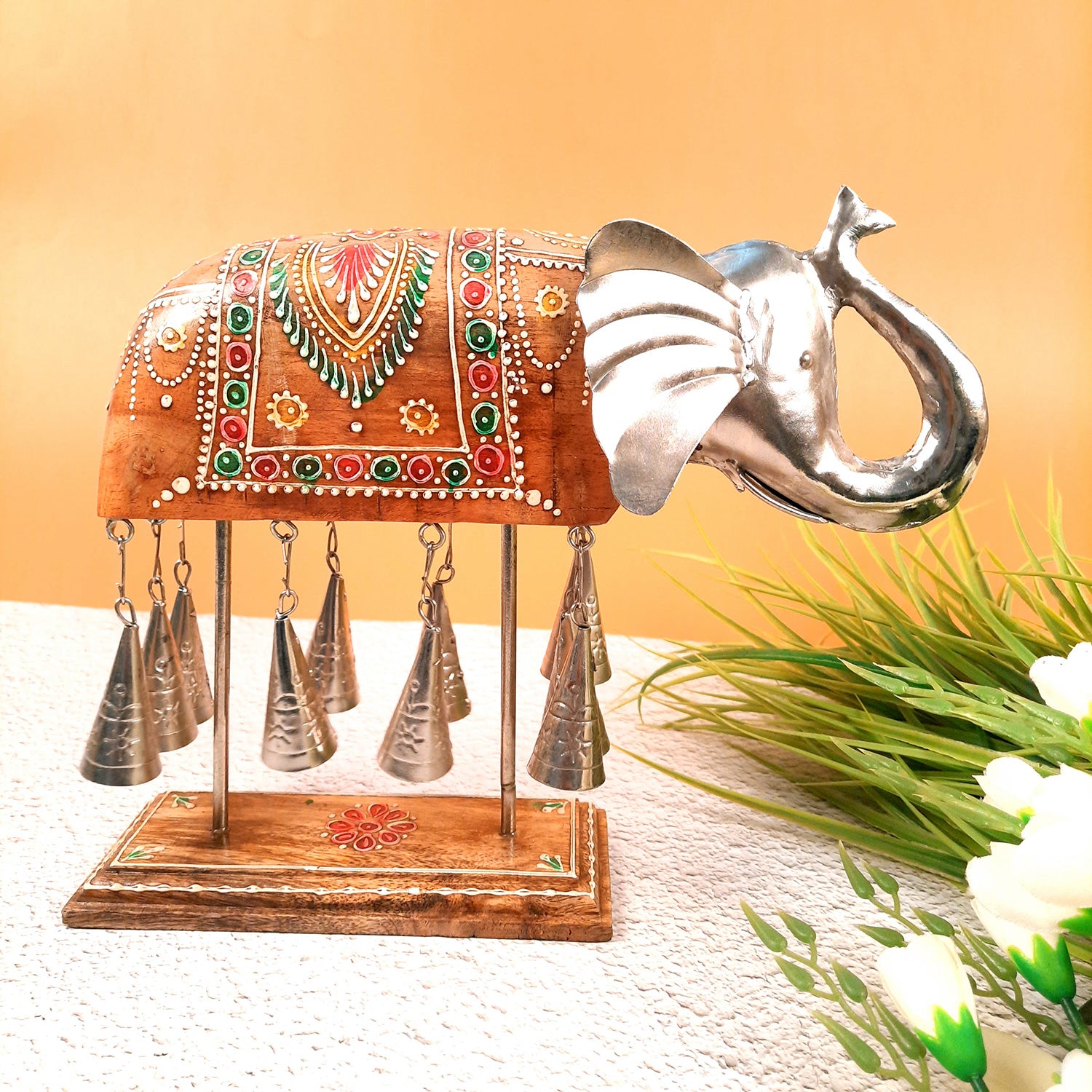 Elephant Showpiece Figurines | Metal Elephant Statue with Bells | Animal Sculptures - for Home, Vastu, Good Luck, Table & Office Decor & Gift - 10 Inch - Apkamart