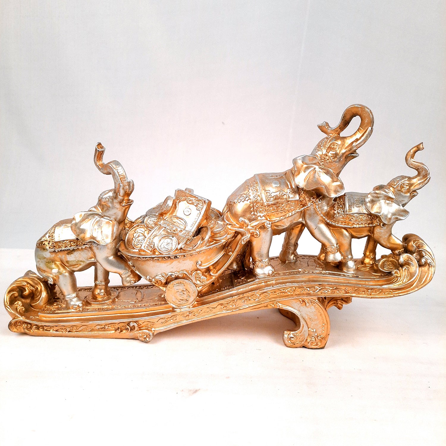 Elephant Statue Showpiece | Fengshui Trunk Up Elephant Figurine with Money & Gold Coins - for Vastu, Good Luck, Wealth, Home Decor, & Gift - 14 inch - apkamart