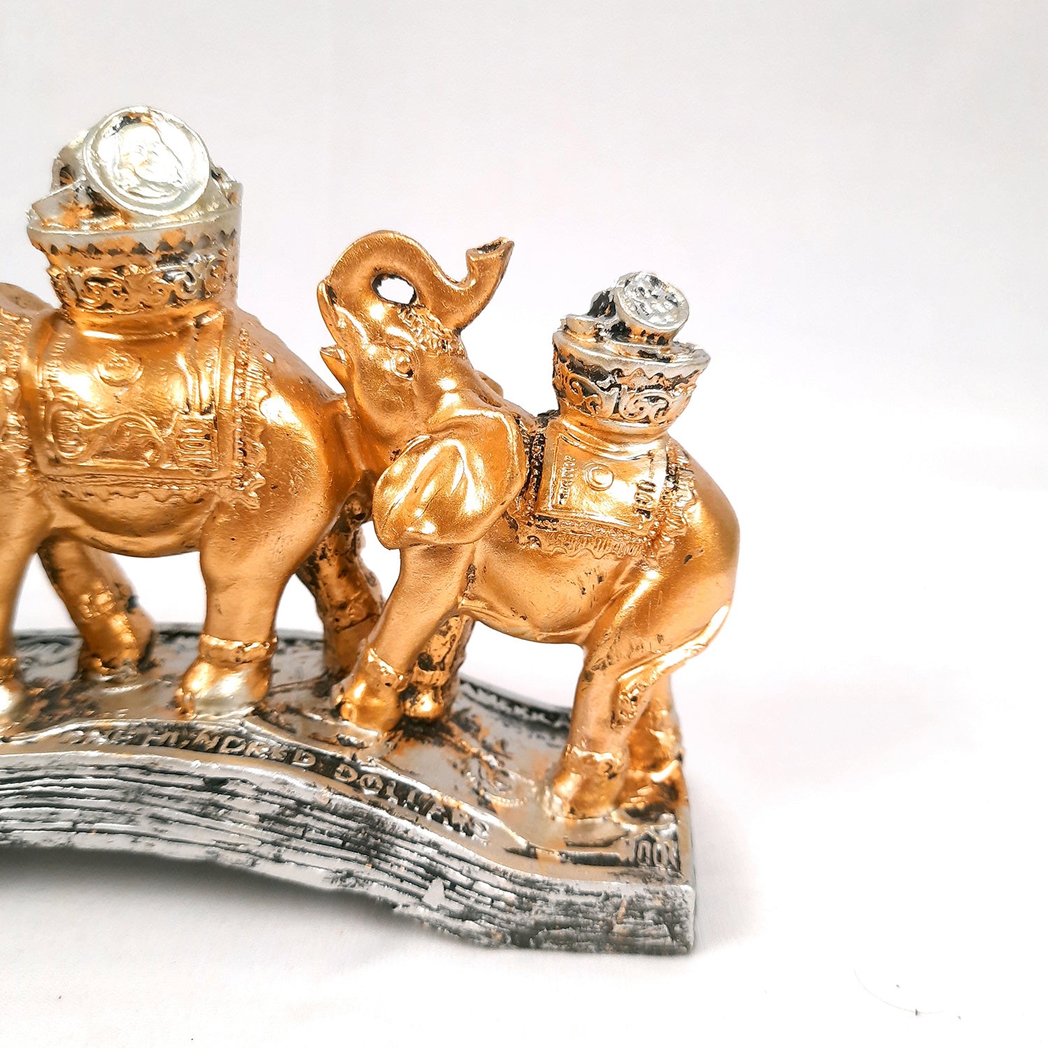 Elephant Statue Showpiece Trunk Up | Fengshui 3 Elephant Figurine With Gold Coins Pot - For Vastu, Good Fortune, Wealth, Strength | For Home Decor, Living Room, Office & Gift - 8 Inch - Apkamart