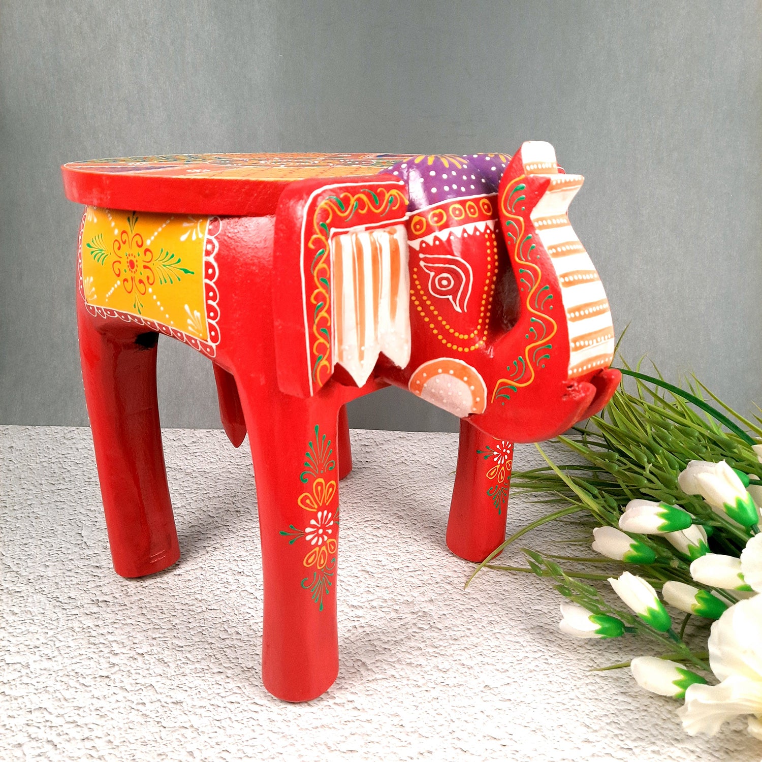 Side Table Cum Stool - Elephant Design | Wooden Small Stools for Keeping Lamp, Vases & Plants - for Home Decor, Corners, Sofa Side, Office & Gifts - 12 Inch - Apkamart