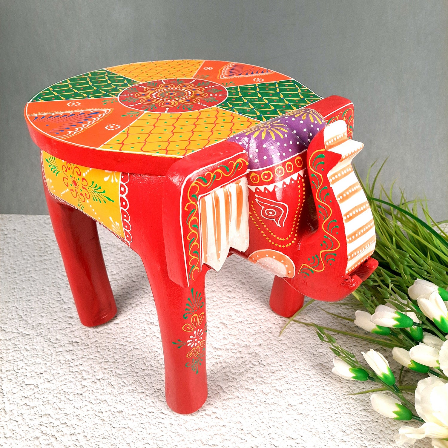 Side Table Cum Stool - Elephant Design | Wooden Small Stools for Keeping Lamp, Vases & Plants - for Home Decor, Corners, Sofa Side, Office & Gifts - 12 Inch - Apkamart