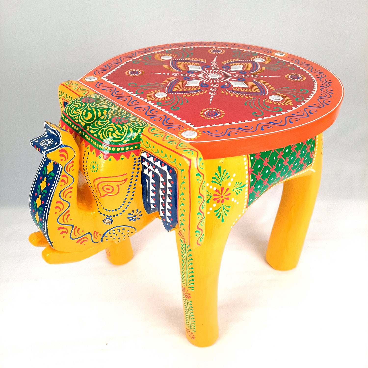 Side Table Cum Stool - Elephant Design | Wooden Stools for Keeping Lamp, Vases & Plants - for Home Decor, Corners, Sofa Side Stool, Office & Gifts - 12 Inch - Apkamart #Color_Yellow