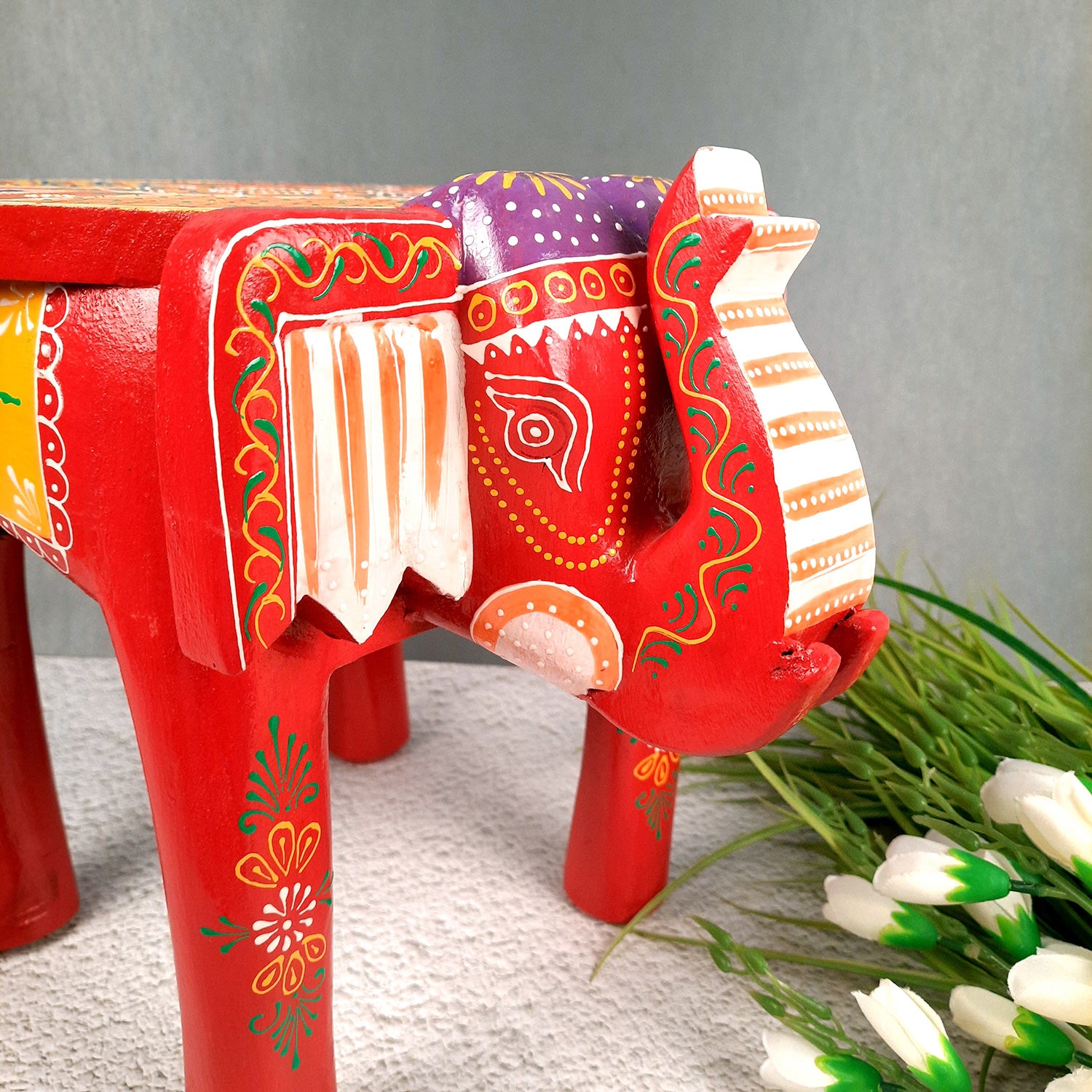 Side Table Cum Stool - Elephant Design | Wooden Small Stools for Keeping Lamp, Vases & Plants - for Home Decor, Corners, Sofa Side, Office & Gifts - 12 Inch - Apkamart
