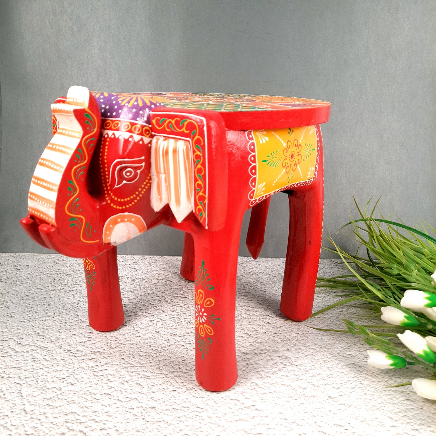 Side Table Cum Stool - Elephant Design | Wooden Small Stools for Keeping Lamp, Vases & Plants - for Home Decor, Corners, Sofa Side, Office & Gifts - 12 Inch - Apkamart