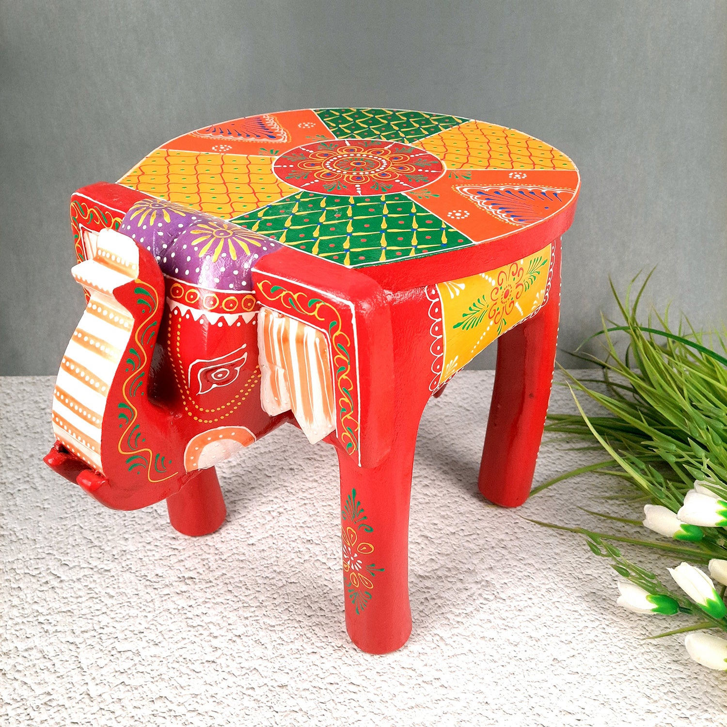 Side Table Cum Stool - Elephant Design | Wooden Small Stools for Keeping Lamp, Vases & Plants - for Home Decor, Corners, Sofa Side, Office & Gifts - 12 Inch - Apkamart