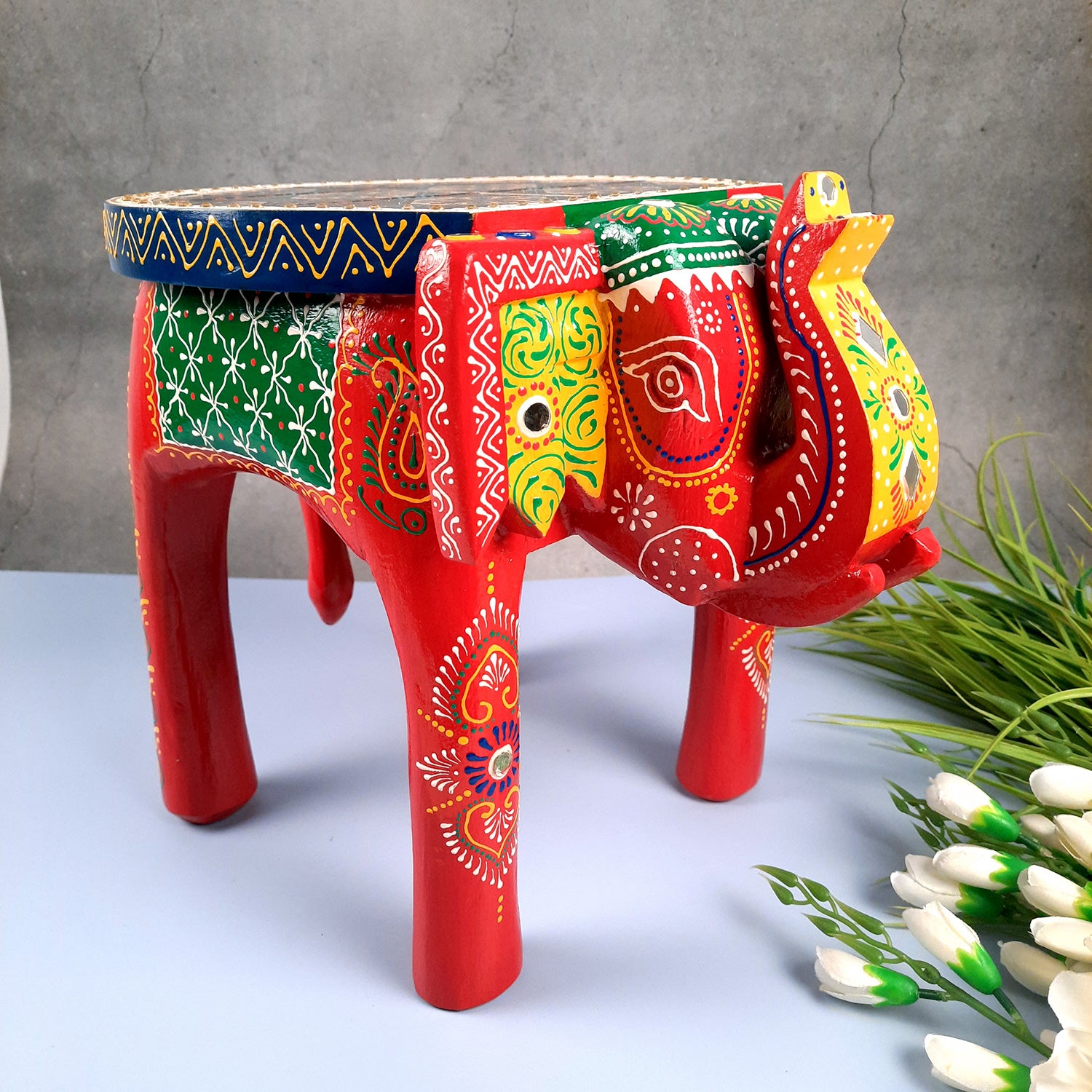 End Tables - Elephant Design | Wooden Side Table for Keeping Lamp, Vases & Plants | Small Stools - for Bedside, Home Decor, Corners, Sofa Side Stool, Office & Gifts - 12 Inch - apkamart #color_Red