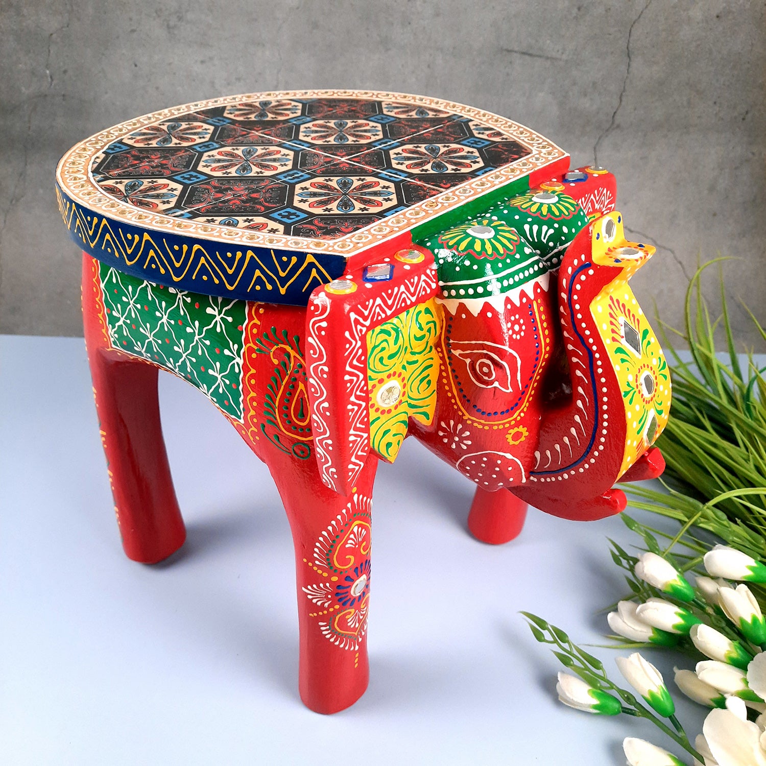 End Tables - Elephant Design | Wooden Side Table for Keeping Lamp, Vases & Plants | Small Stools - for Bedside, Home Decor, Corners, Sofa Side Stool, Office & Gifts - 12 Inch - apkamart #color_Red