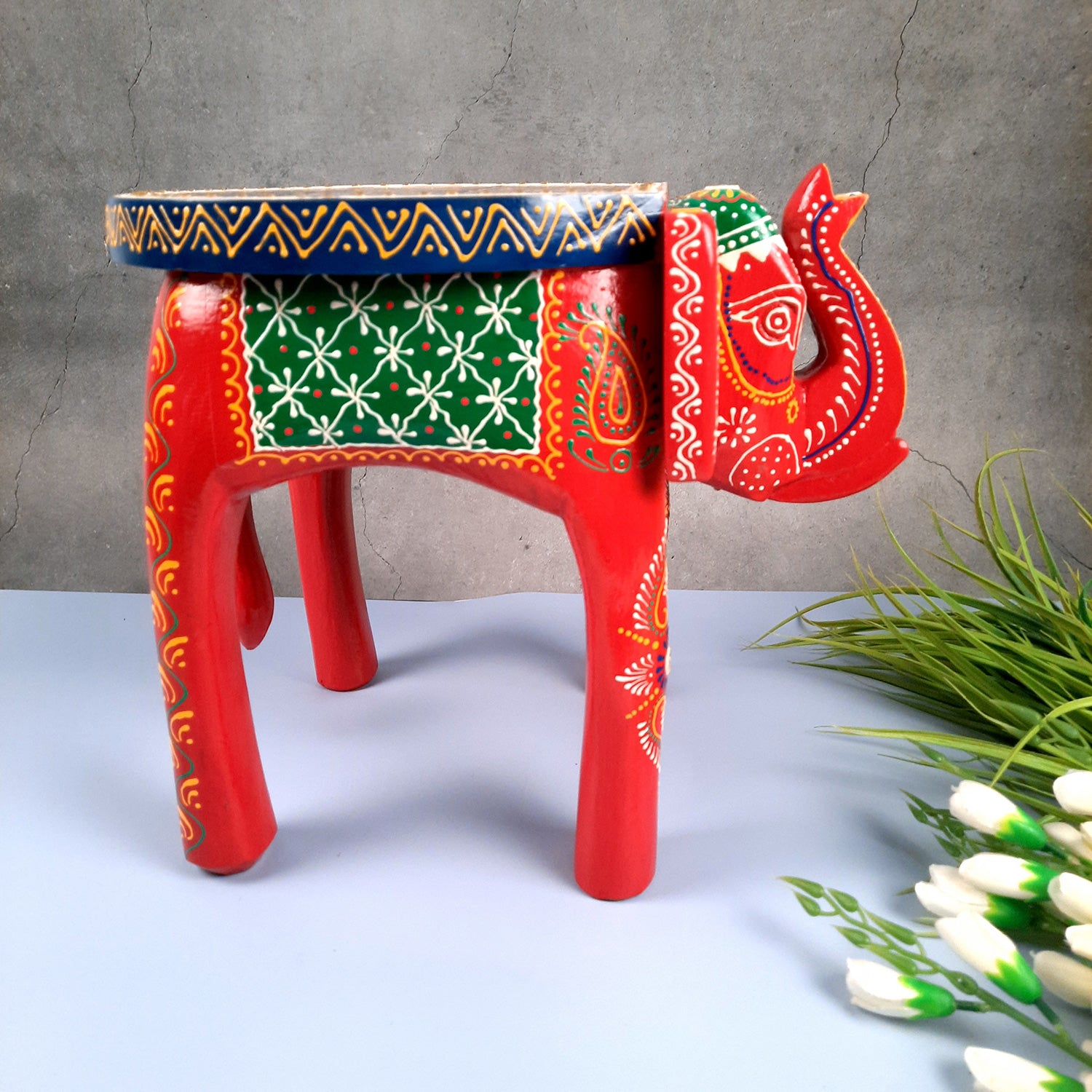 End Tables - Elephant Design | Wooden Side Table for Keeping Lamp, Vases & Plants | Small Stools - for Bedside, Home Decor, Corners, Sofa Side Stool, Office & Gifts - 12 Inch - apkamart #color_Red