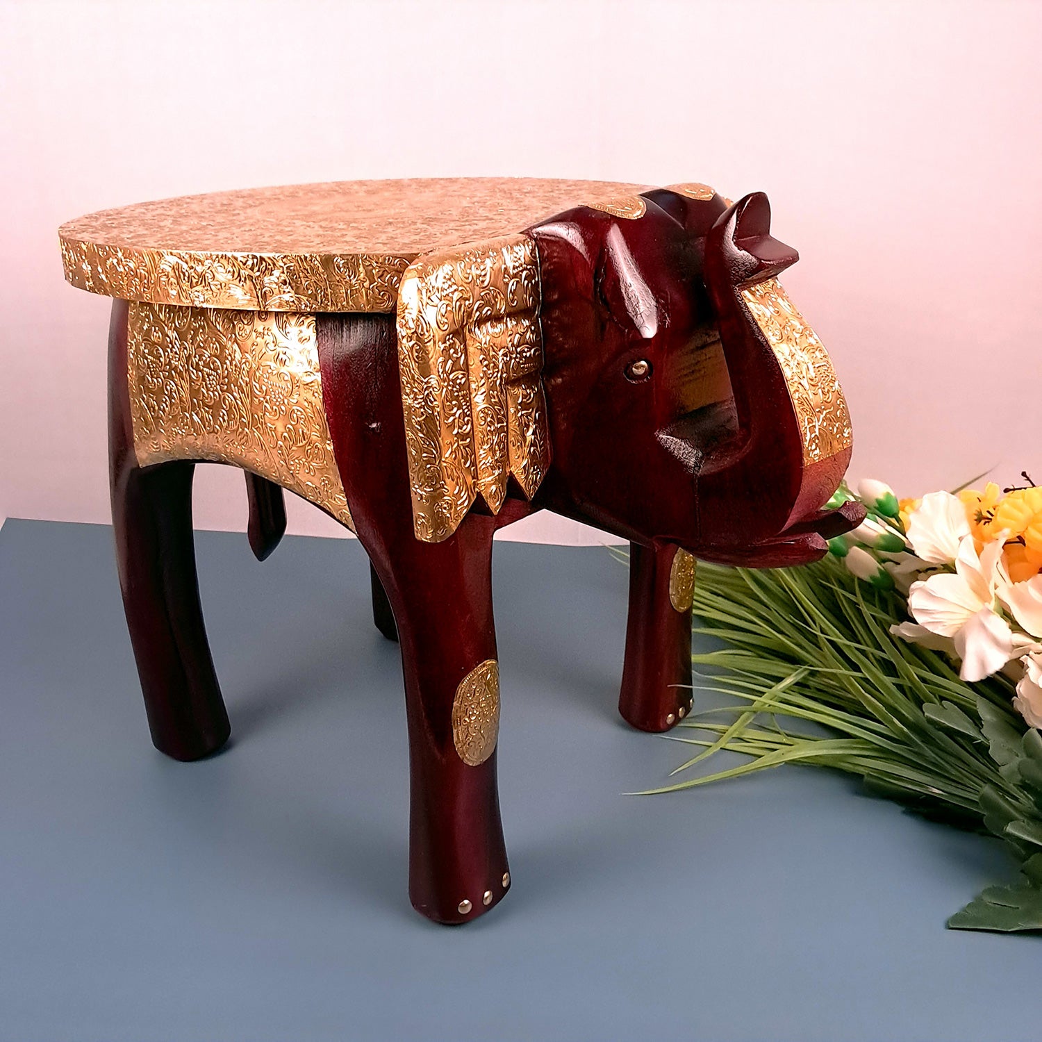Elephant Stool | Side Table | Wood & Brass Rajasthani Hathi Stool- for Home Decor, Corners, Sofa Side Stool, Office & Gifts - 14 Inch - apkamart