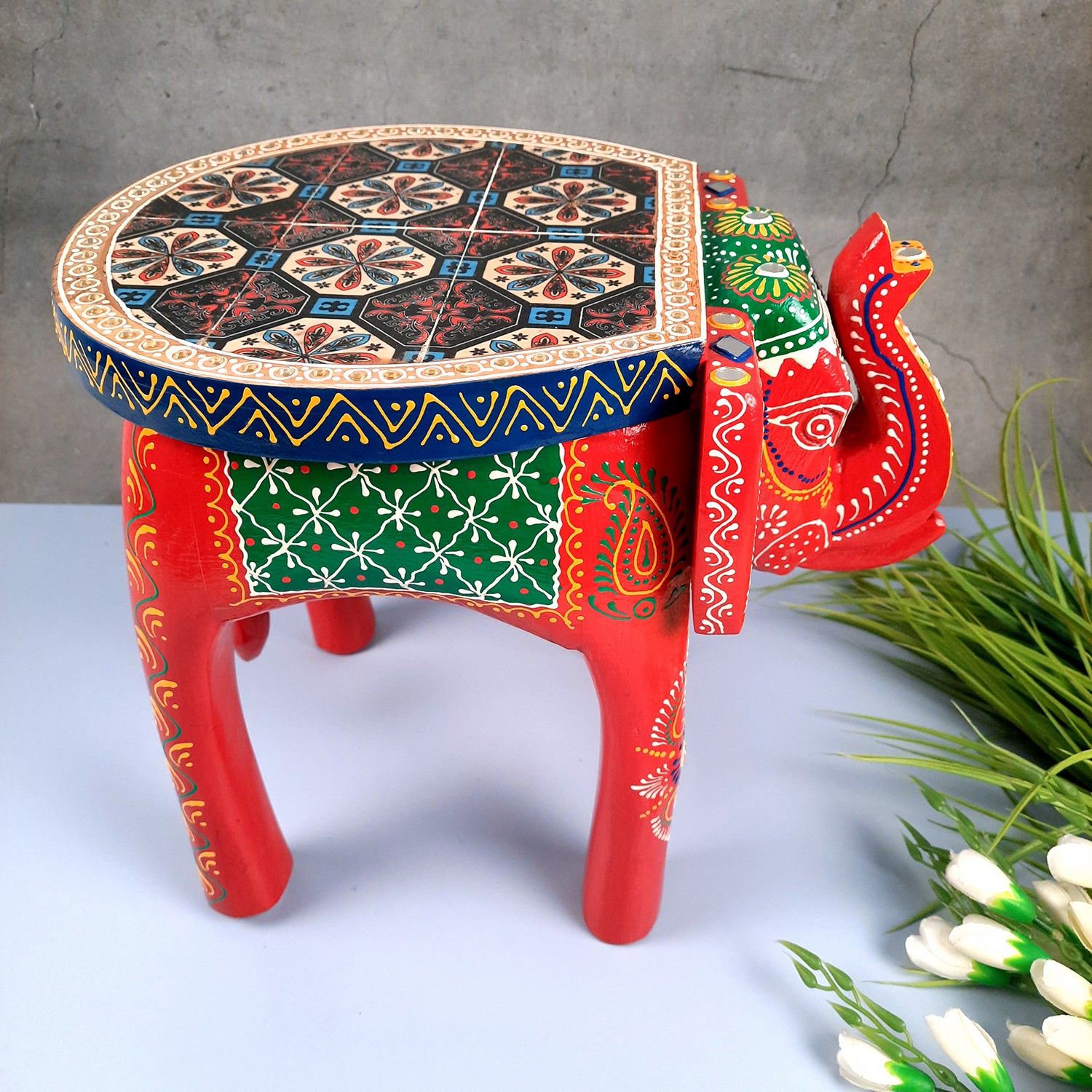 End Tables - Elephant Design | Wooden Side Table for Keeping Lamp, Vases & Plants | Small Stools - for Bedside, Home Decor, Corners, Sofa Side Stool, Office & Gifts - 12 Inch - apkamart #color_Red
