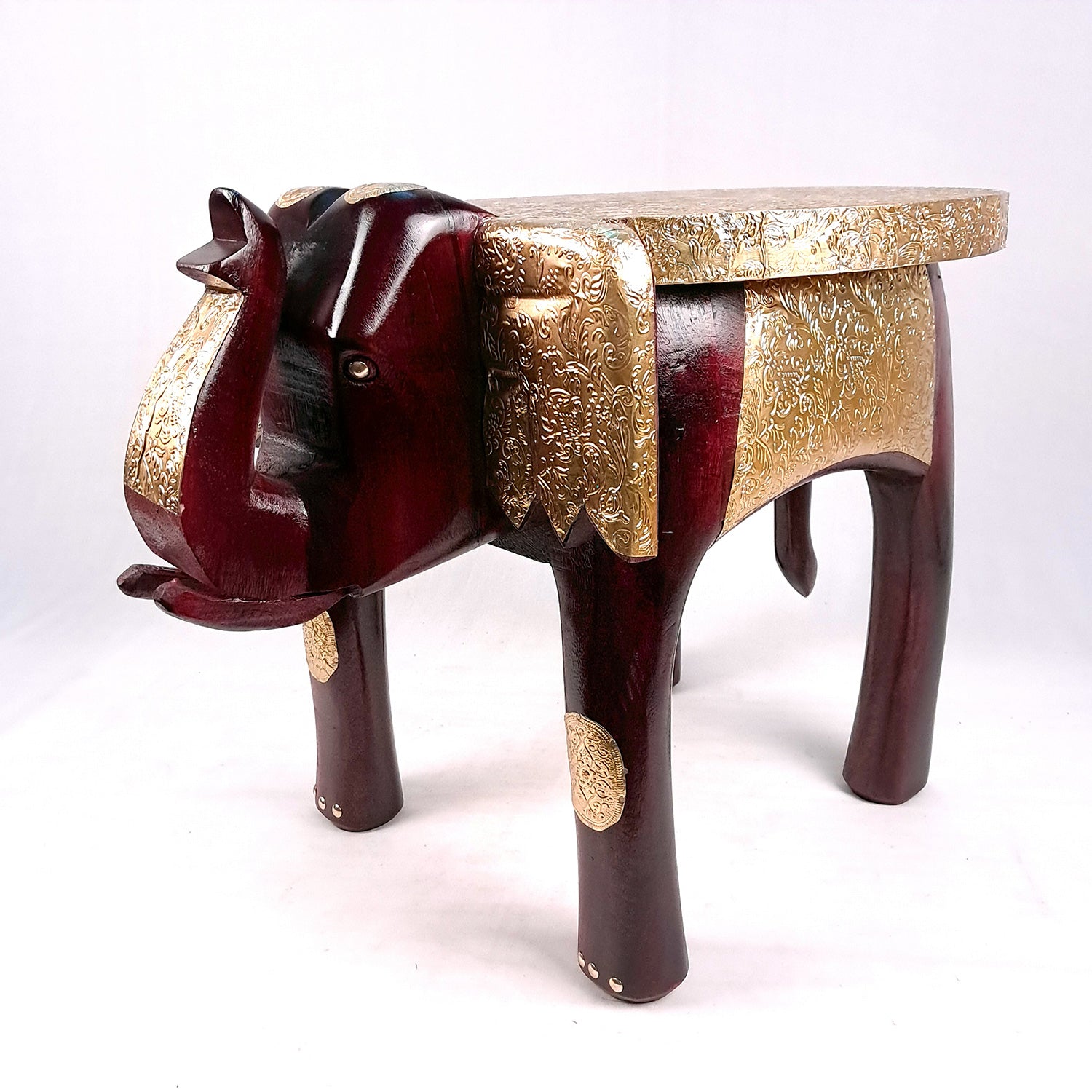 Elephant Stool | Side Table | Wood & Brass Rajasthani Hathi Stool- for Home Decor, Corners, Sofa Side Stool, Office & Gifts - 14 Inch - apkamart