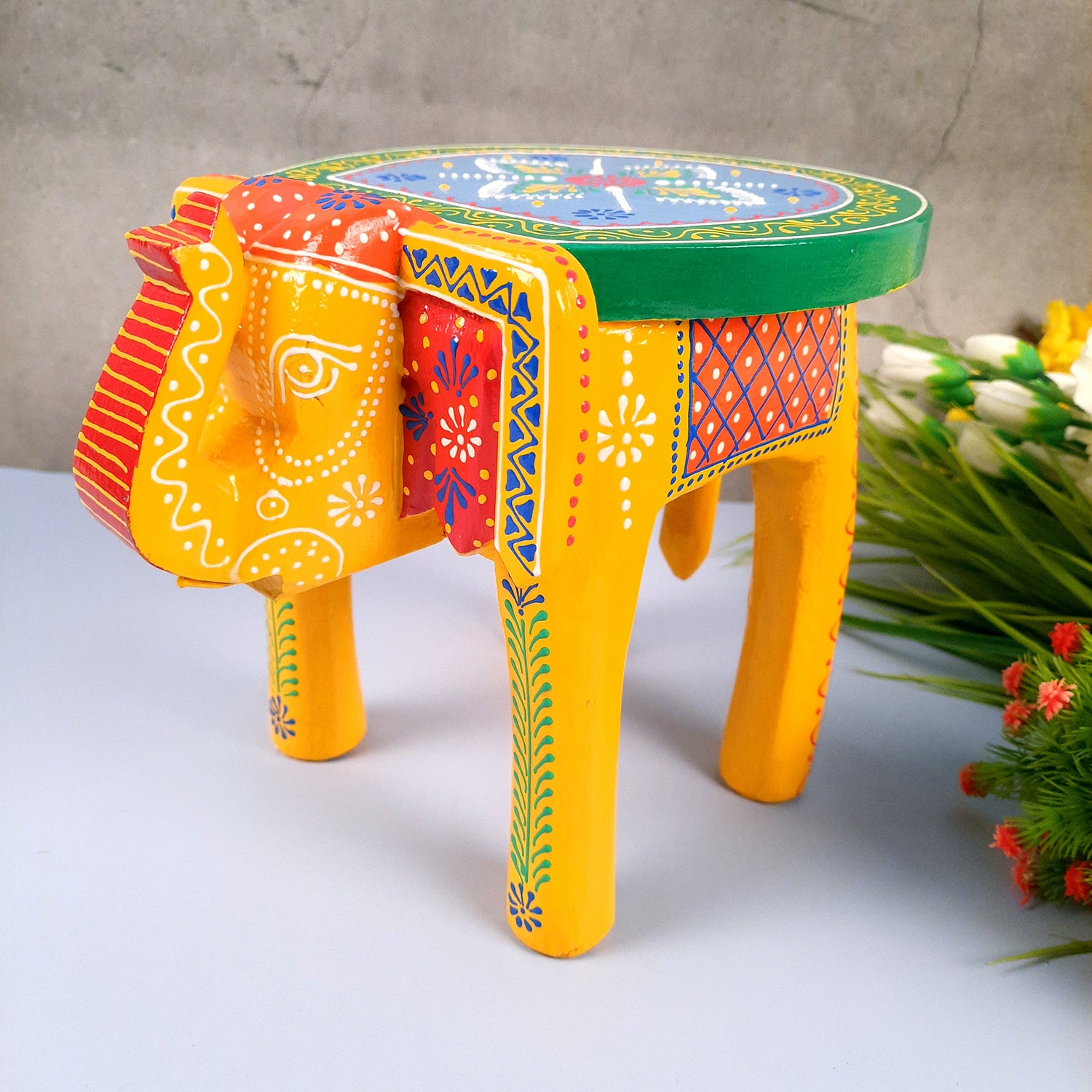 Elephant Table Showpiece | Animal Figurines - For Home, Living Room Decor & Gifts | Small Wood Stool - For Placing Small Pots & Showpieces - 8 Inch - apkamart #Color_Yellow