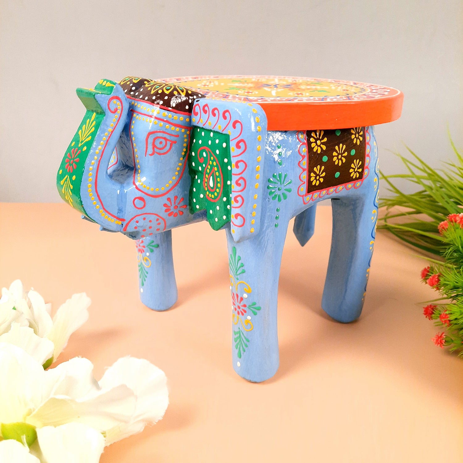Elephant Table Showpiece | Animal Figurines - For Home, Living Room Decor & Gifts | Small Wood Stool - For Placing Small Pots & Showpieces - 8 Inch - apkamart #Color_Light Blue